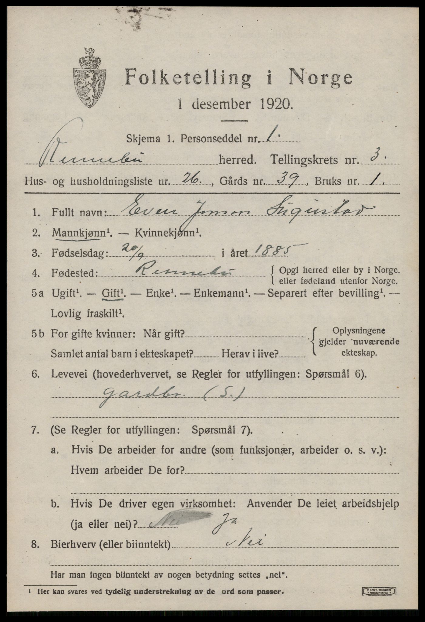 SAT, 1920 census for Rennebu, 1920, p. 2162