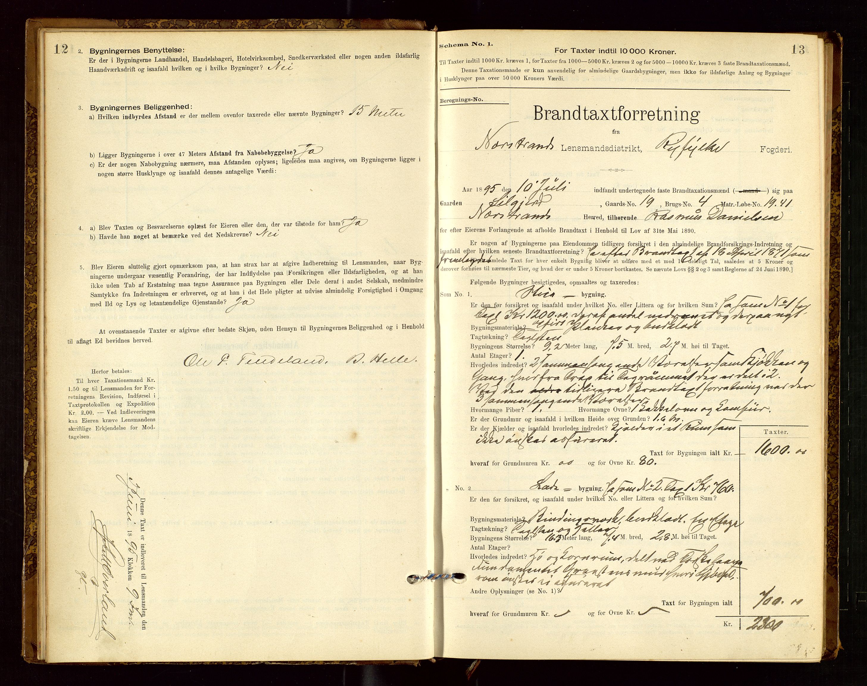 Nedstrand lensmannskontor, SAST/A-100236/Gob/L0001: "Brandtaxationsprotokol for Nerstrand Lensmandsdistrikt Ryfylke fogderi", 1895-1915, p. 12-13