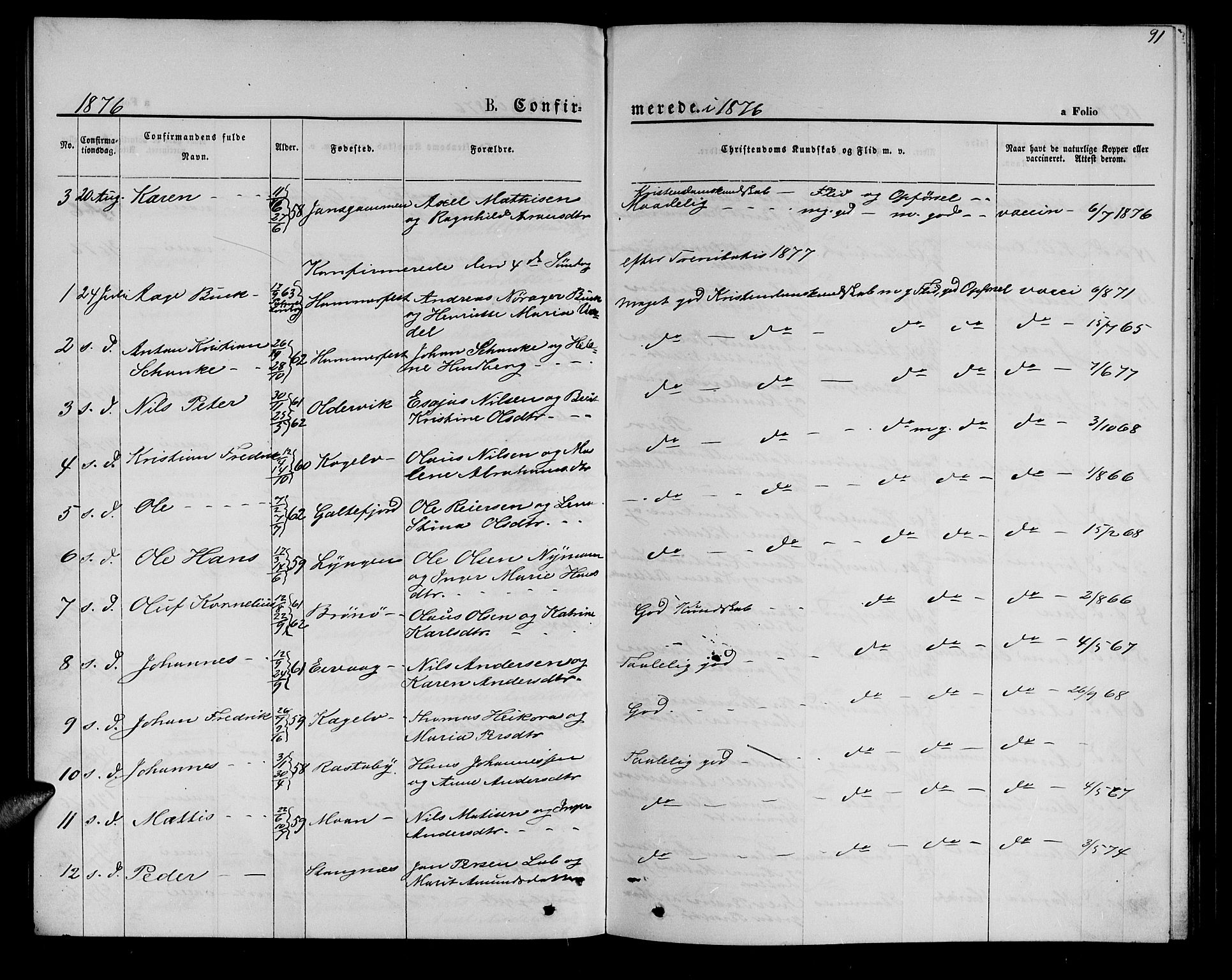 Hammerfest sokneprestkontor, SATØ/S-1347/H/Hb/L0005.klokk: Parish register (copy) no. 5, 1869-1884, p. 91