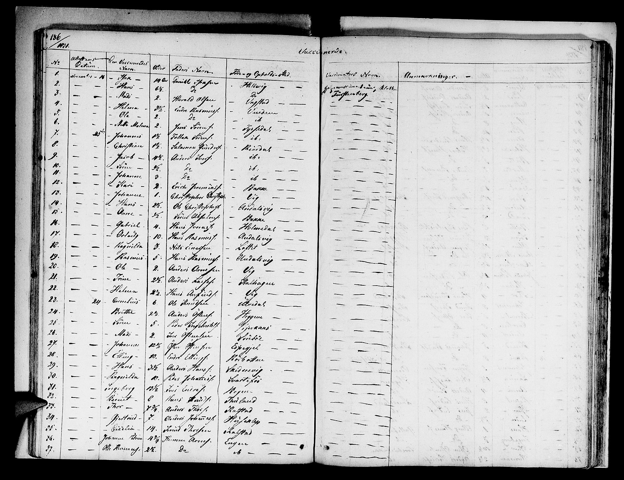 Fjaler sokneprestembete, SAB/A-79801/H/Haa/Haaa/L0005: Parish register (official) no. A 5, 1821-1835, p. 186