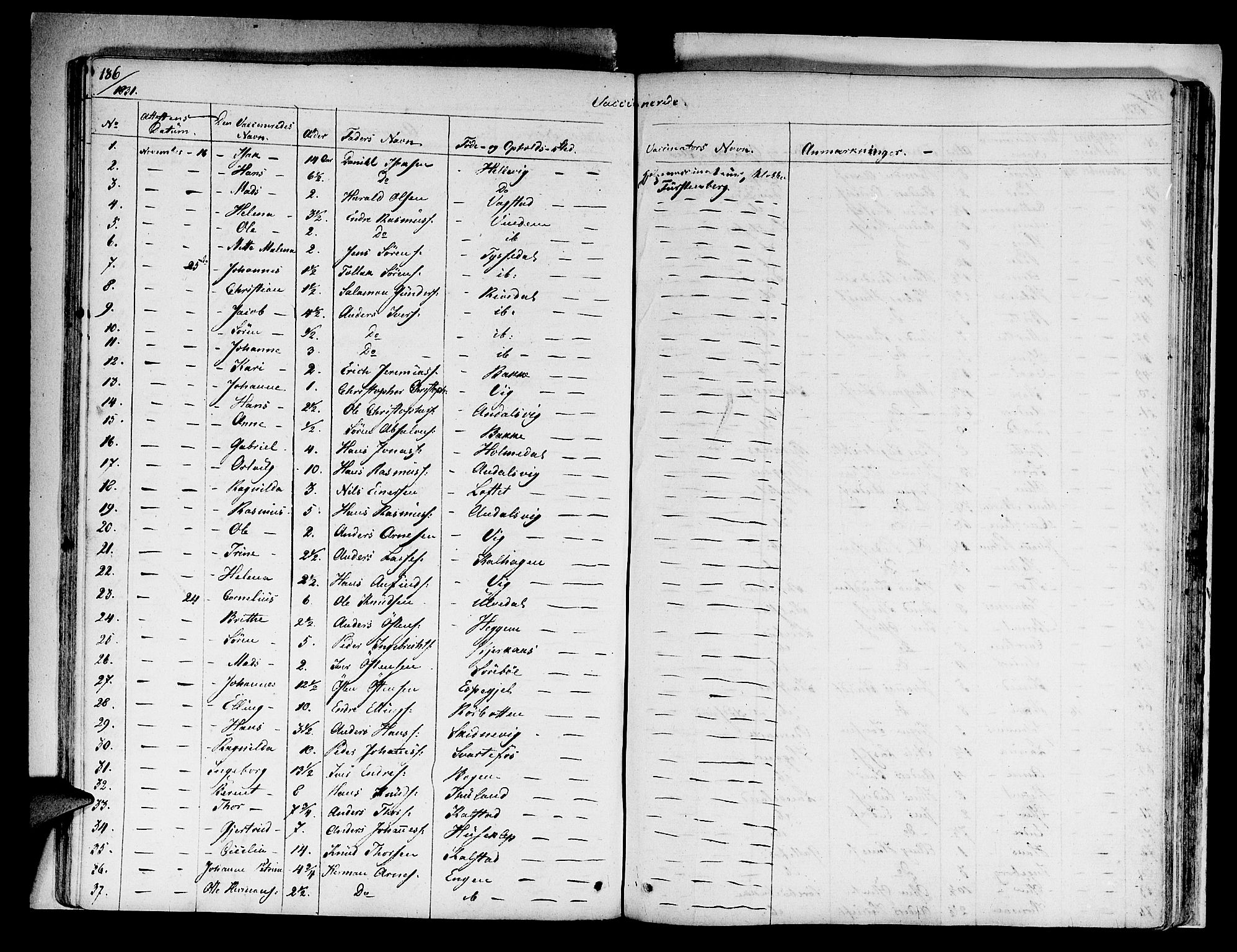 Fjaler sokneprestembete, AV/SAB-A-79801/H/Haa/Haaa/L0005: Parish register (official) no. A 5, 1821-1835, p. 186