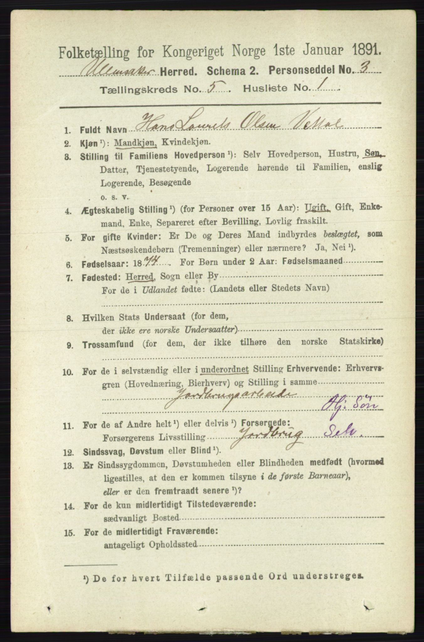 RA, 1891 census for 0235 Ullensaker, 1891, p. 2098
