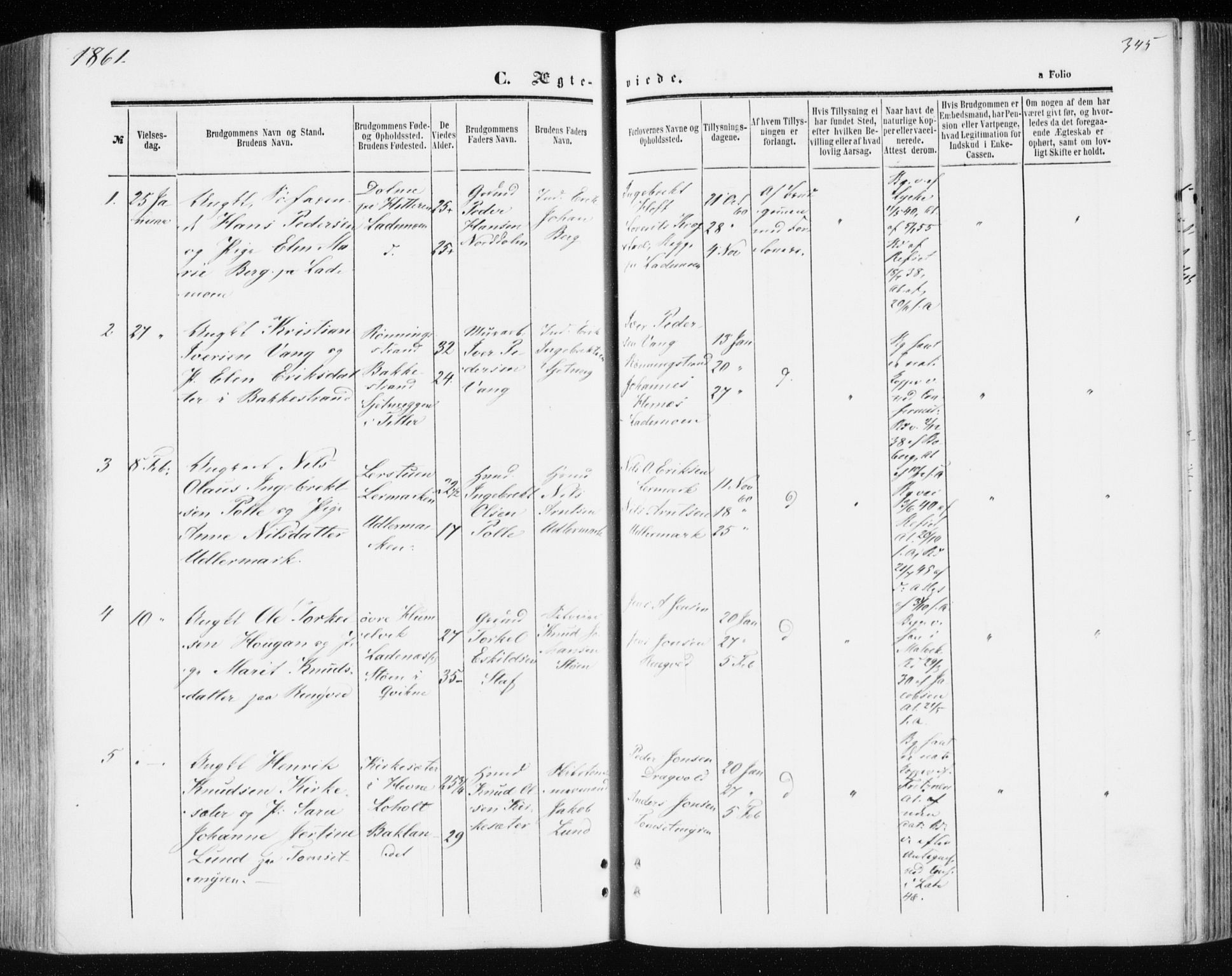 Ministerialprotokoller, klokkerbøker og fødselsregistre - Sør-Trøndelag, SAT/A-1456/606/L0292: Parish register (official) no. 606A07, 1856-1865, p. 345