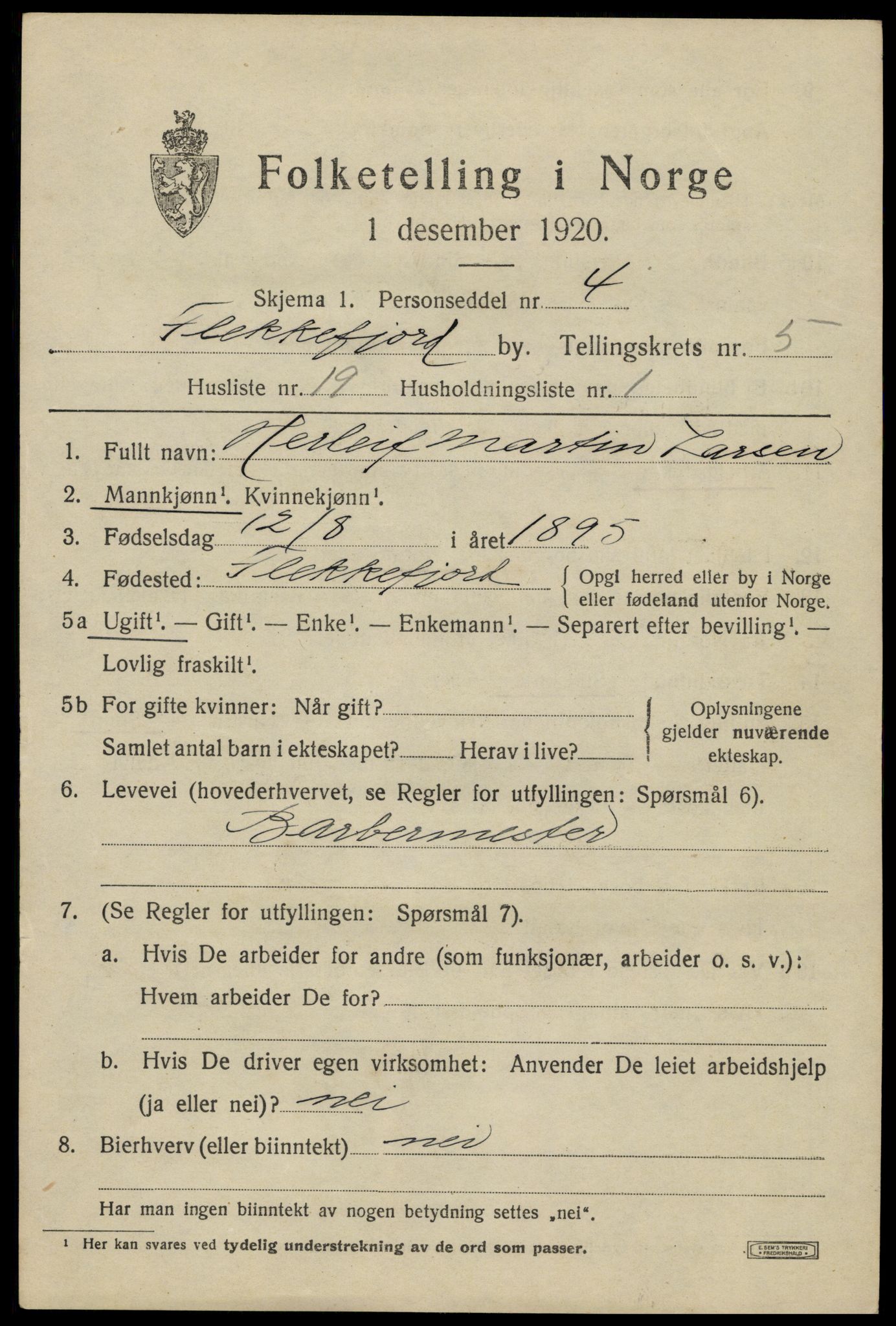 SAK, 1920 census for Flekkefjord, 1920, p. 5462