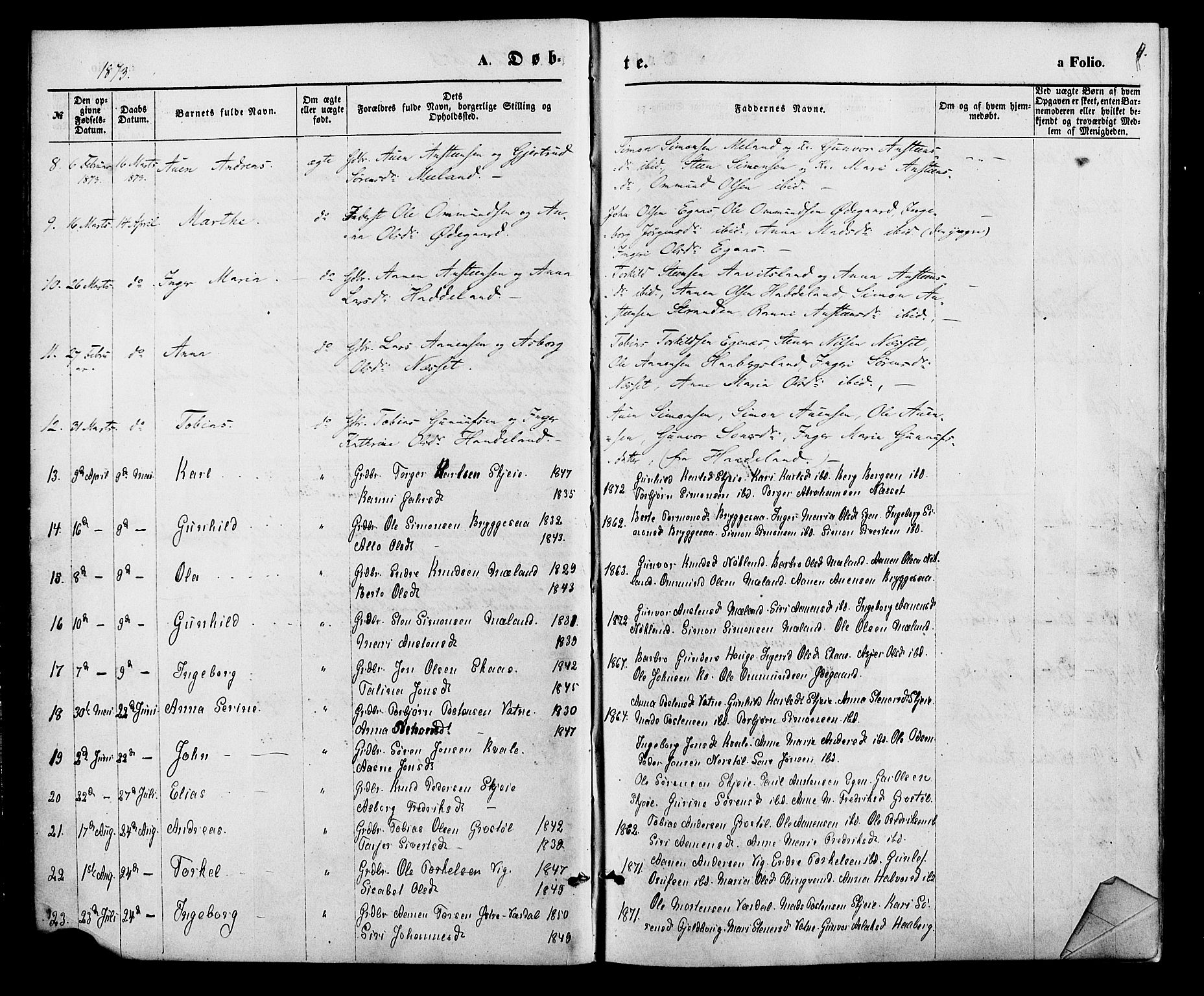 Hægebostad sokneprestkontor, SAK/1111-0024/F/Fa/Fab/L0003: Parish register (official) no. A 3, 1872-1886, p. 4