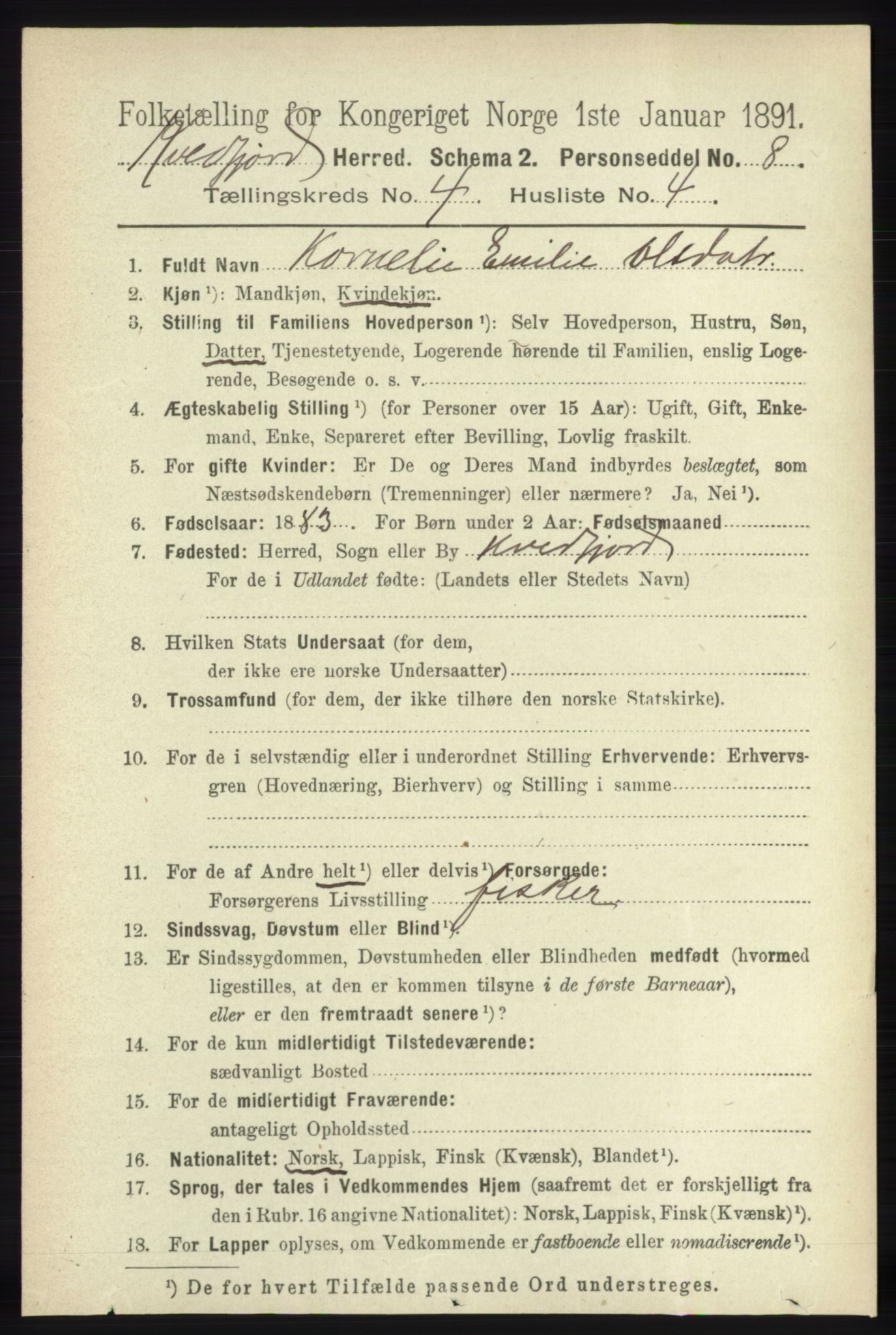 RA, 1891 census for 1911 Kvæfjord, 1891, p. 1911