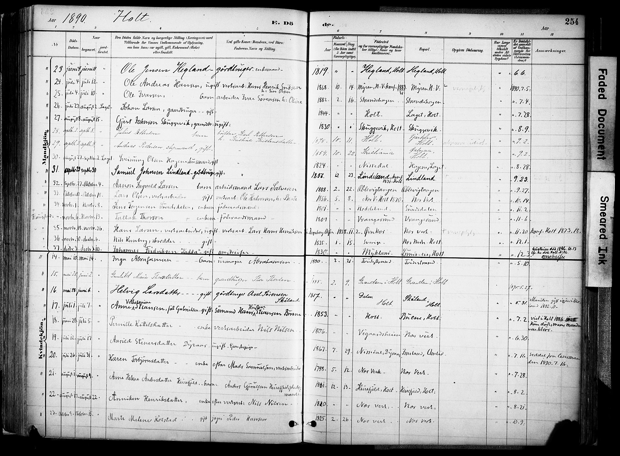 Holt sokneprestkontor, AV/SAK-1111-0021/F/Fa/L0012: Parish register (official) no. A 12, 1885-1907, p. 254