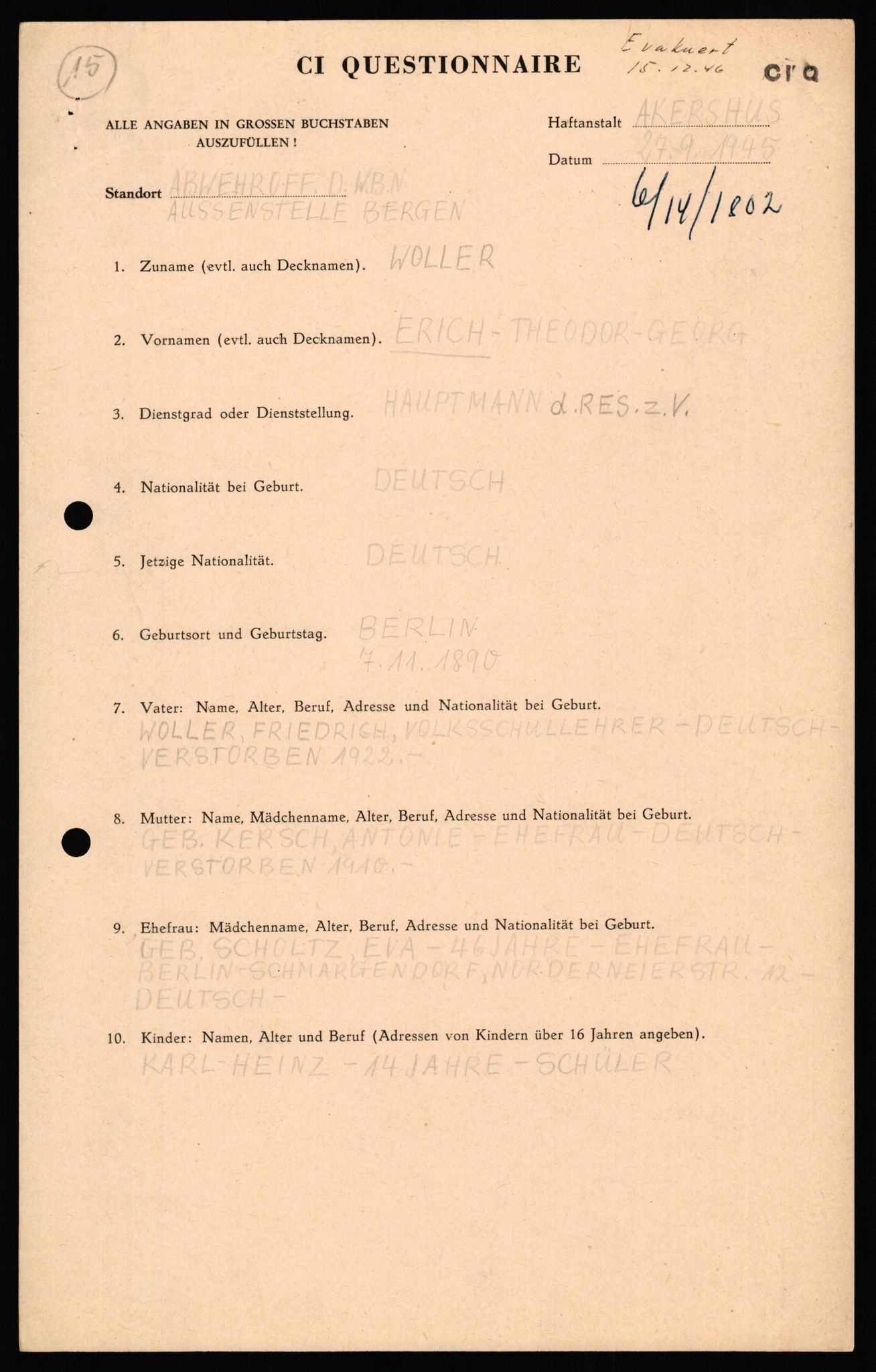 Forsvaret, Forsvarets overkommando II, AV/RA-RAFA-3915/D/Db/L0036: CI Questionaires. Tyske okkupasjonsstyrker i Norge. Tyskere., 1945-1946, p. 437