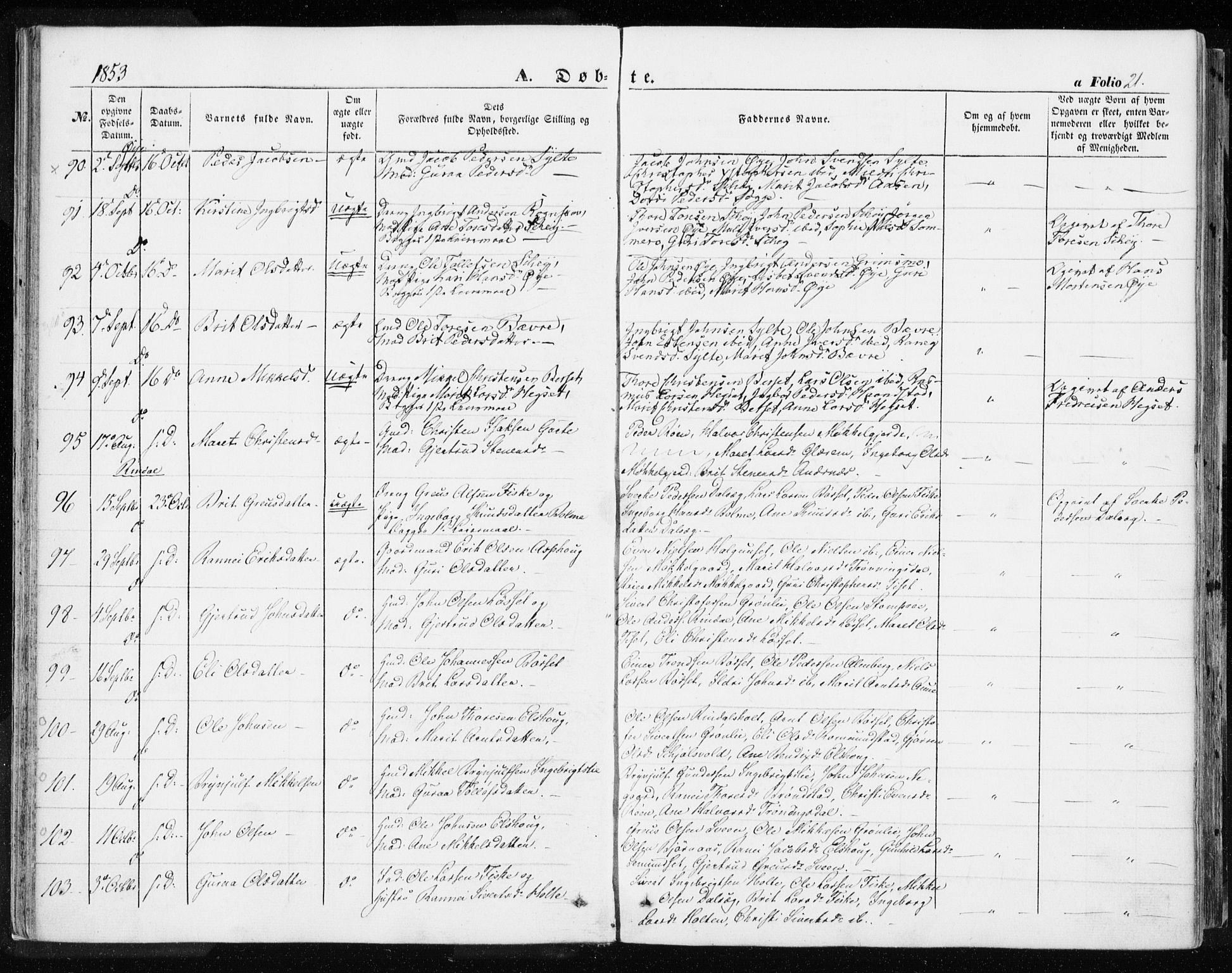 Ministerialprotokoller, klokkerbøker og fødselsregistre - Møre og Romsdal, AV/SAT-A-1454/595/L1044: Parish register (official) no. 595A06, 1852-1863, p. 21