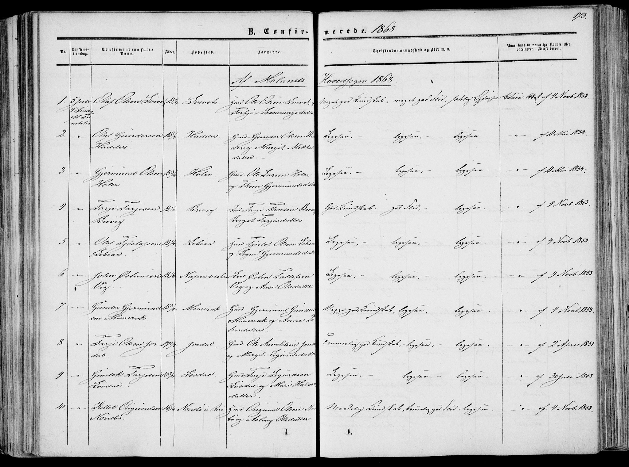 Fyresdal kirkebøker, SAKO/A-263/F/Fa/L0005: Parish register (official) no. I 5, 1855-1871, p. 173