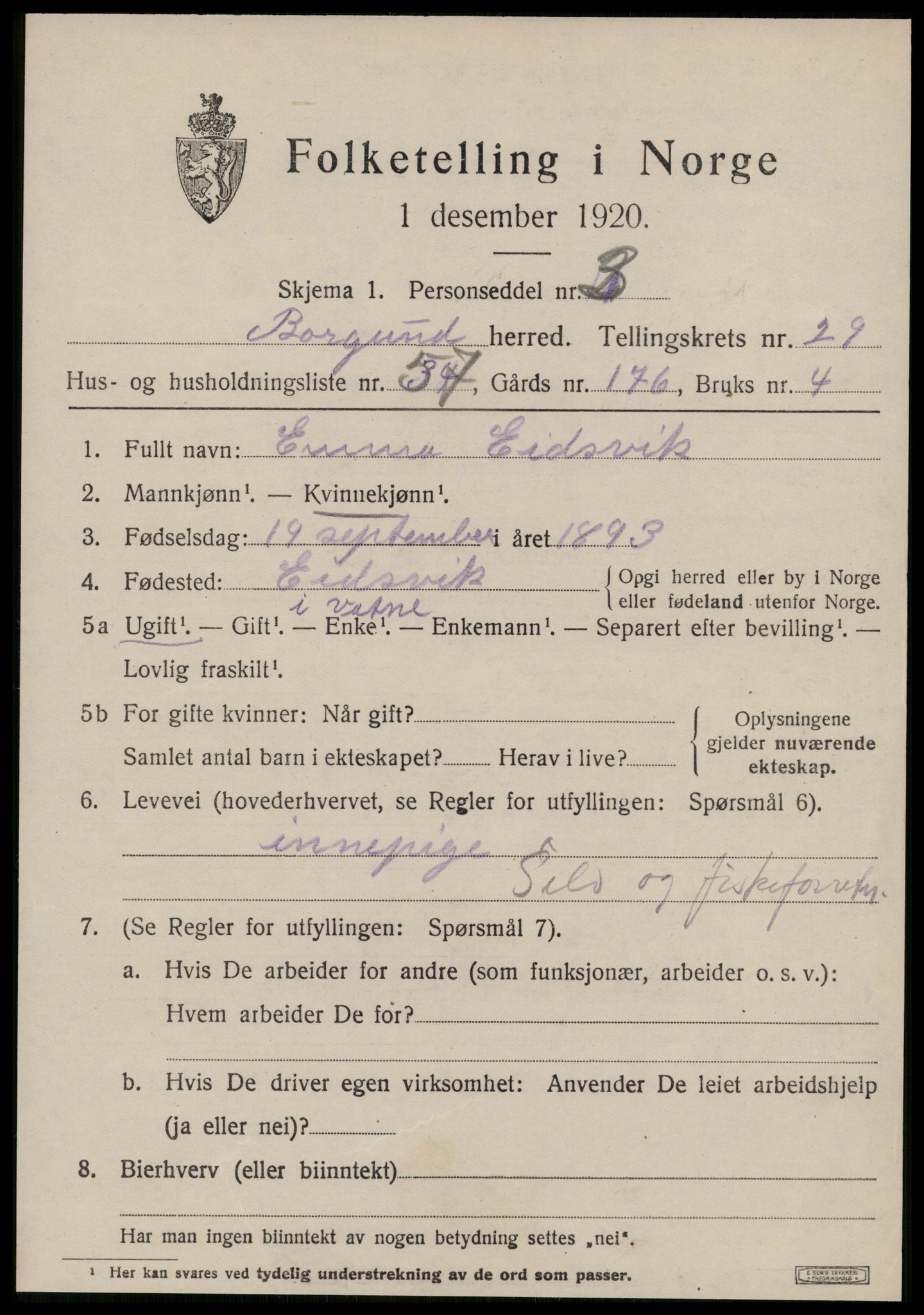 SAT, 1920 census for Borgund, 1920, p. 19336