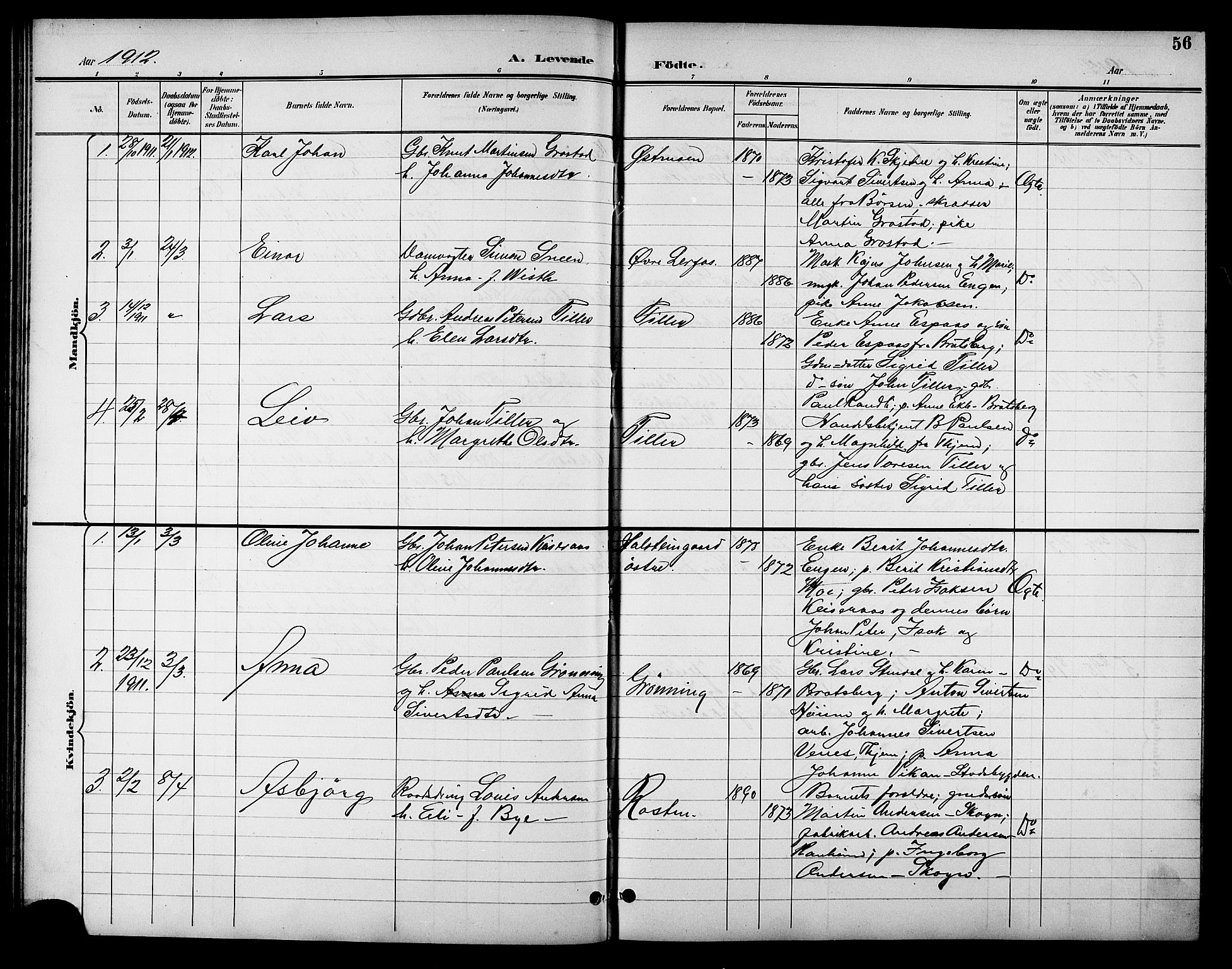 Ministerialprotokoller, klokkerbøker og fødselsregistre - Sør-Trøndelag, SAT/A-1456/621/L0460: Parish register (copy) no. 621C03, 1896-1914, p. 56