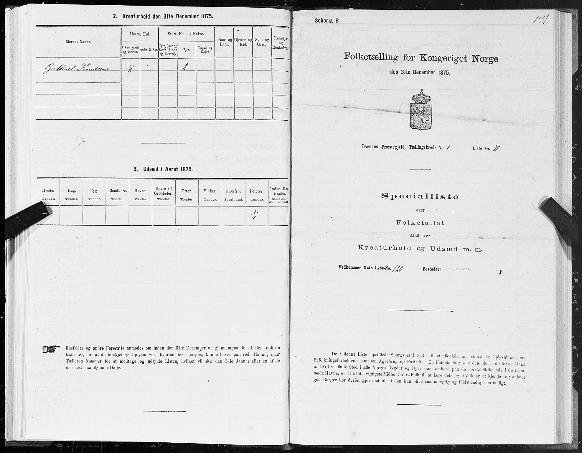 SAT, 1875 census for 1548P Fræna, 1875, p. 1141