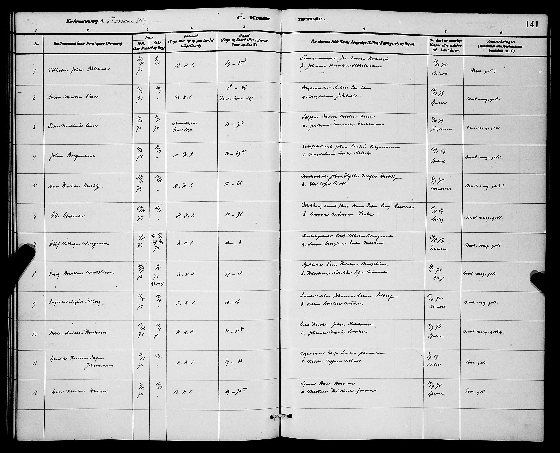 Korskirken sokneprestembete, AV/SAB-A-76101/H/Hab: Parish register (copy) no. C 3, 1880-1892, p. 141