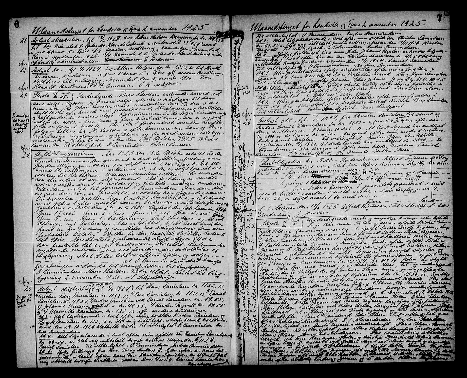 Vestre Nedenes/Sand sorenskriveri, AV/SAK-1221-0010/G/Gb/Gba/L0035: Mortgage book no. 61, 1925-1929, p. 6-7