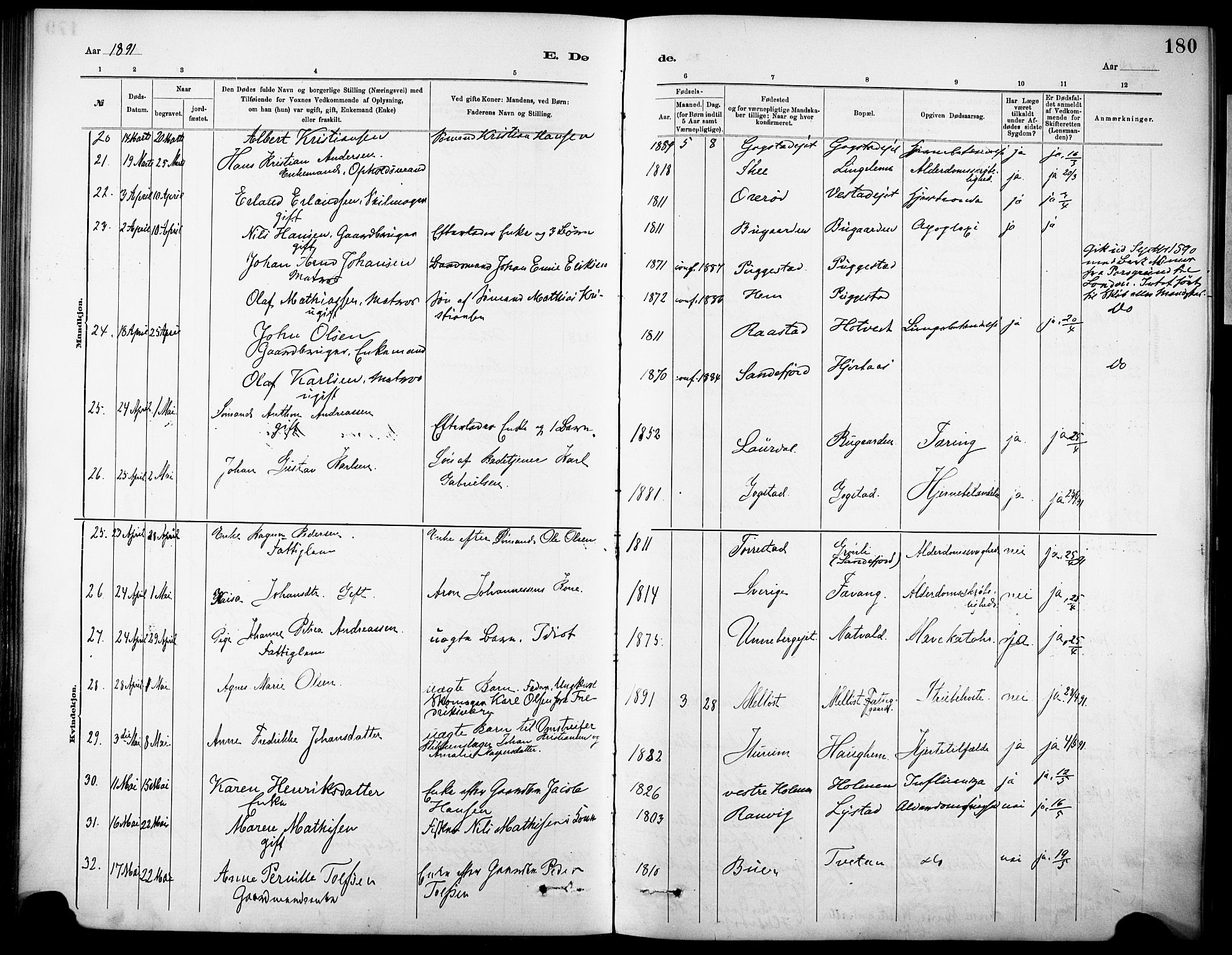 Sandar kirkebøker, SAKO/A-243/F/Fa/L0013: Parish register (official) no. 13, 1883-1895, p. 180