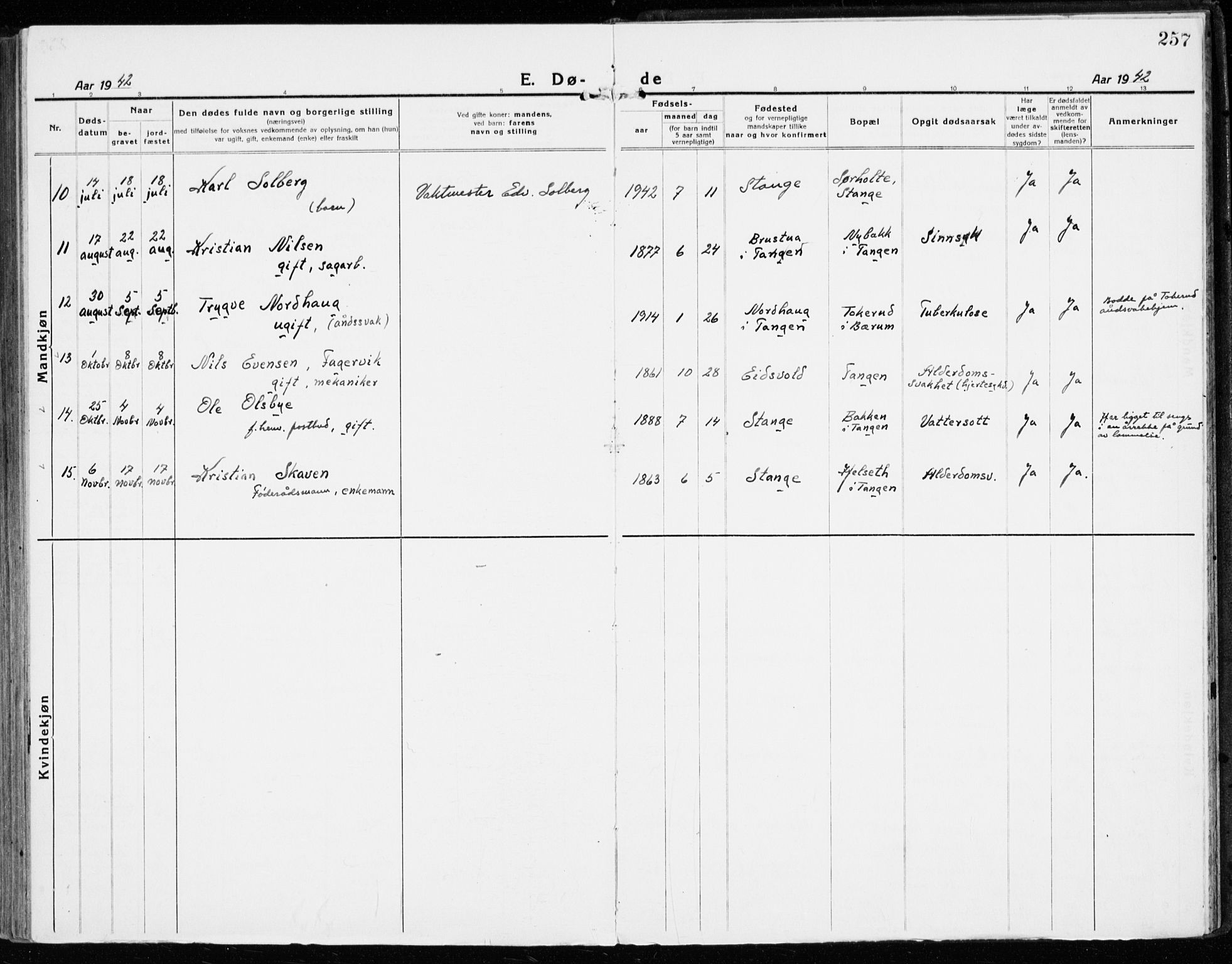 Stange prestekontor, AV/SAH-PREST-002/K/L0025: Parish register (official) no. 25, 1921-1945, p. 257