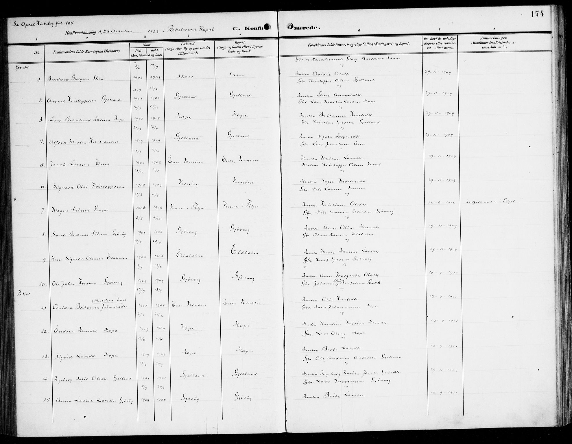 Tysnes sokneprestembete, AV/SAB-A-78601/H/Haa: Parish register (official) no. B 2, 1907-1925, p. 174