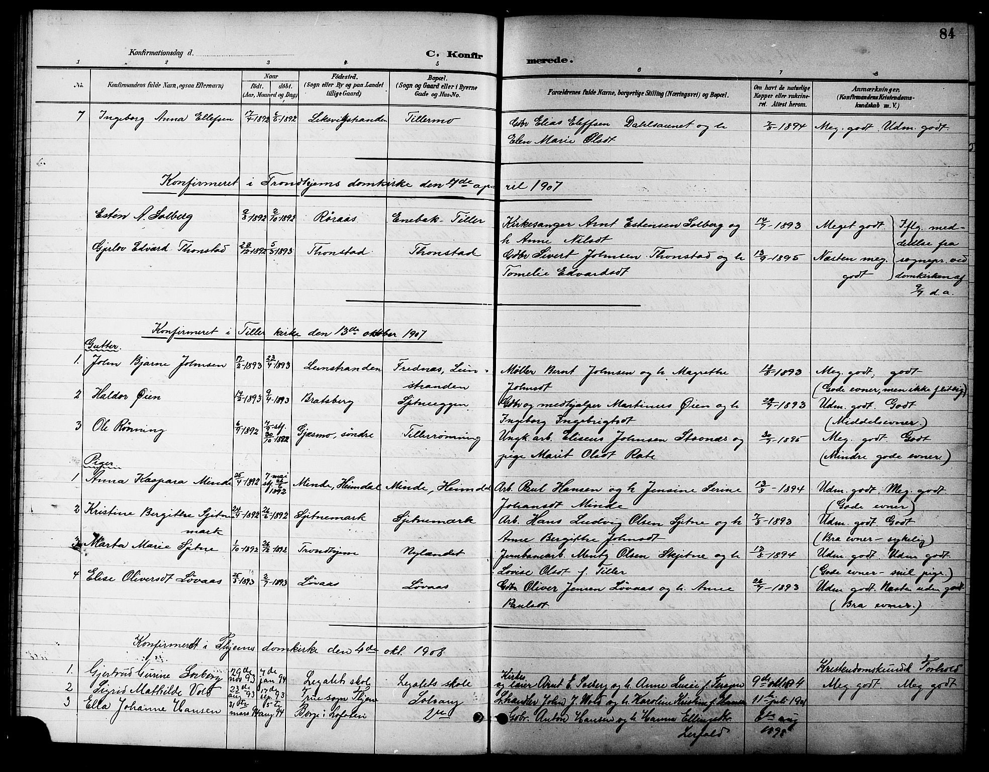 Ministerialprotokoller, klokkerbøker og fødselsregistre - Sør-Trøndelag, SAT/A-1456/621/L0460: Parish register (copy) no. 621C03, 1896-1914, p. 84