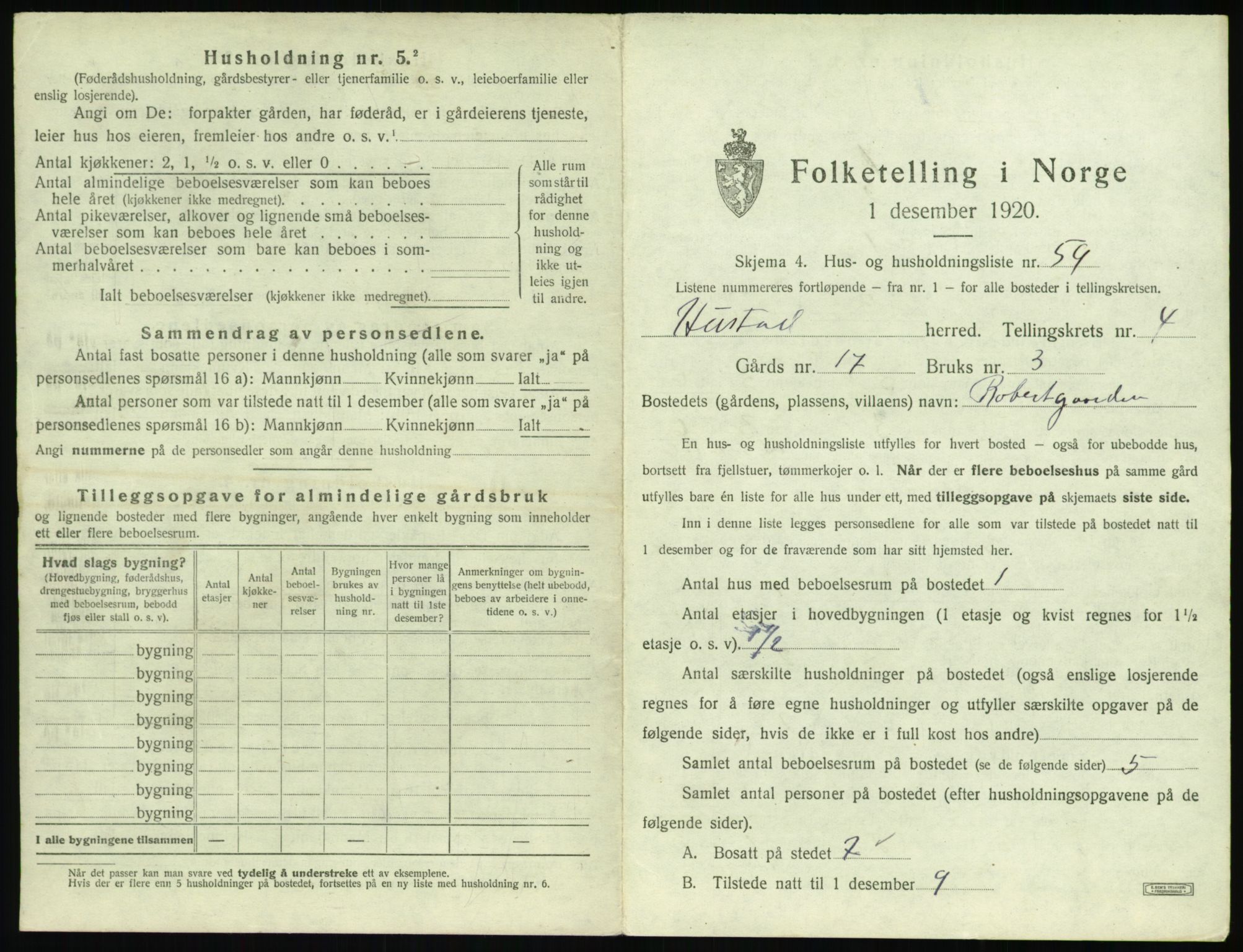 SAT, 1920 census for Hustad, 1920, p. 489