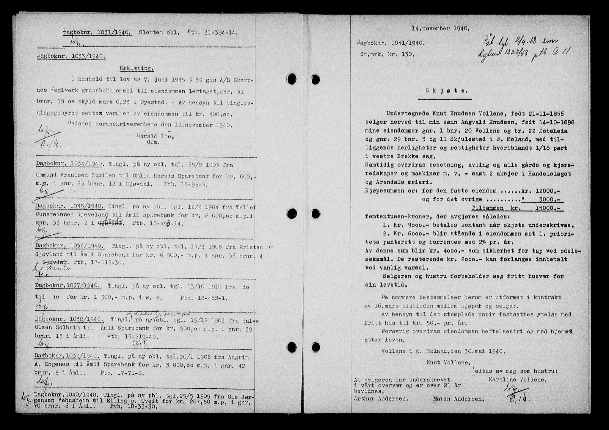 Nedenes sorenskriveri, AV/SAK-1221-0006/G/Gb/Gba/L0048: Mortgage book no. A-II, 1940-1941, Diary no: : 1041/1940