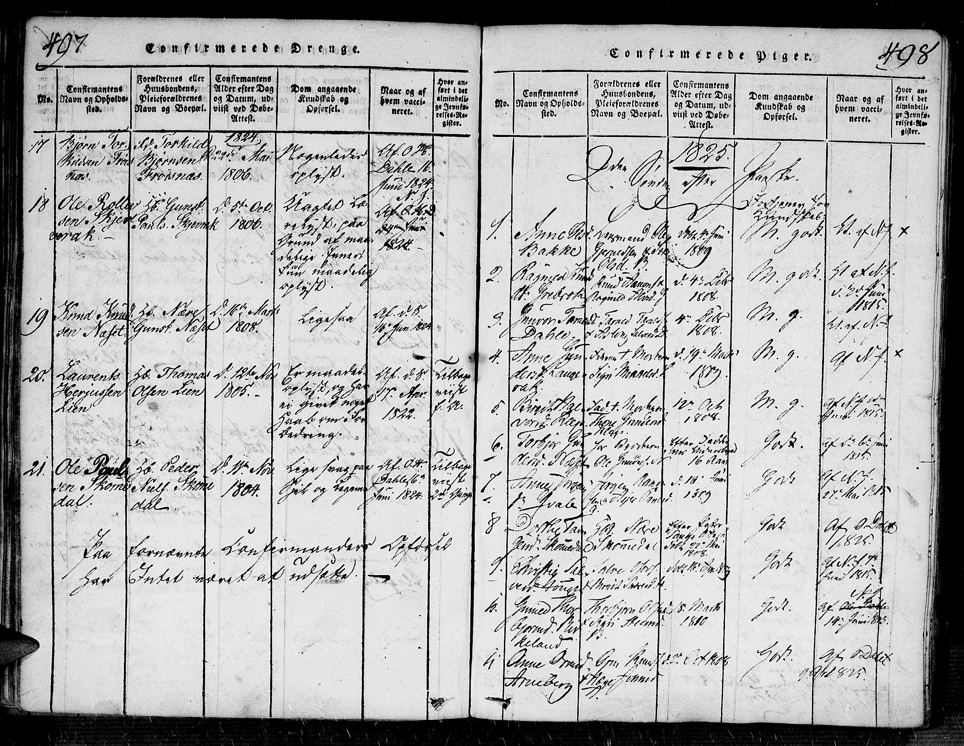 Bygland sokneprestkontor, AV/SAK-1111-0006/F/Fa/Fab/L0003: Parish register (official) no. A 3, 1816-1841, p. 497-498