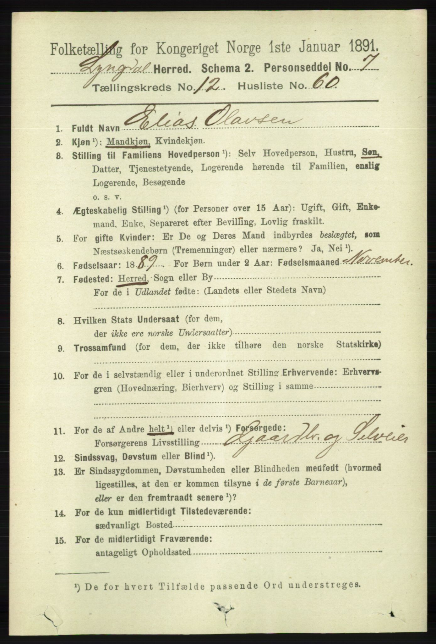 RA, 1891 census for 1032 Lyngdal, 1891, p. 5554