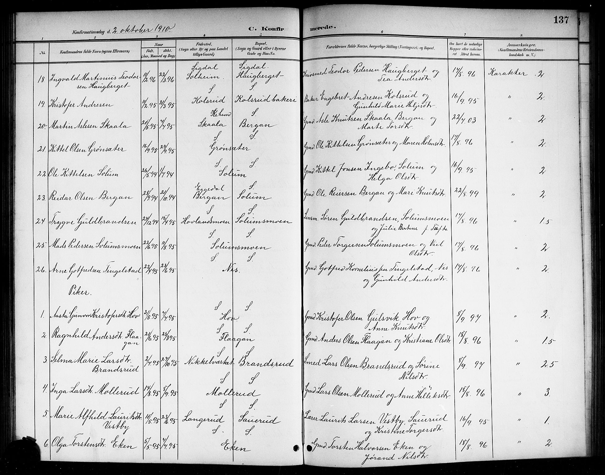 Sigdal kirkebøker, SAKO/A-245/G/Ga/L0006: Parish register (copy) no. I 6, 1901-1916, p. 137