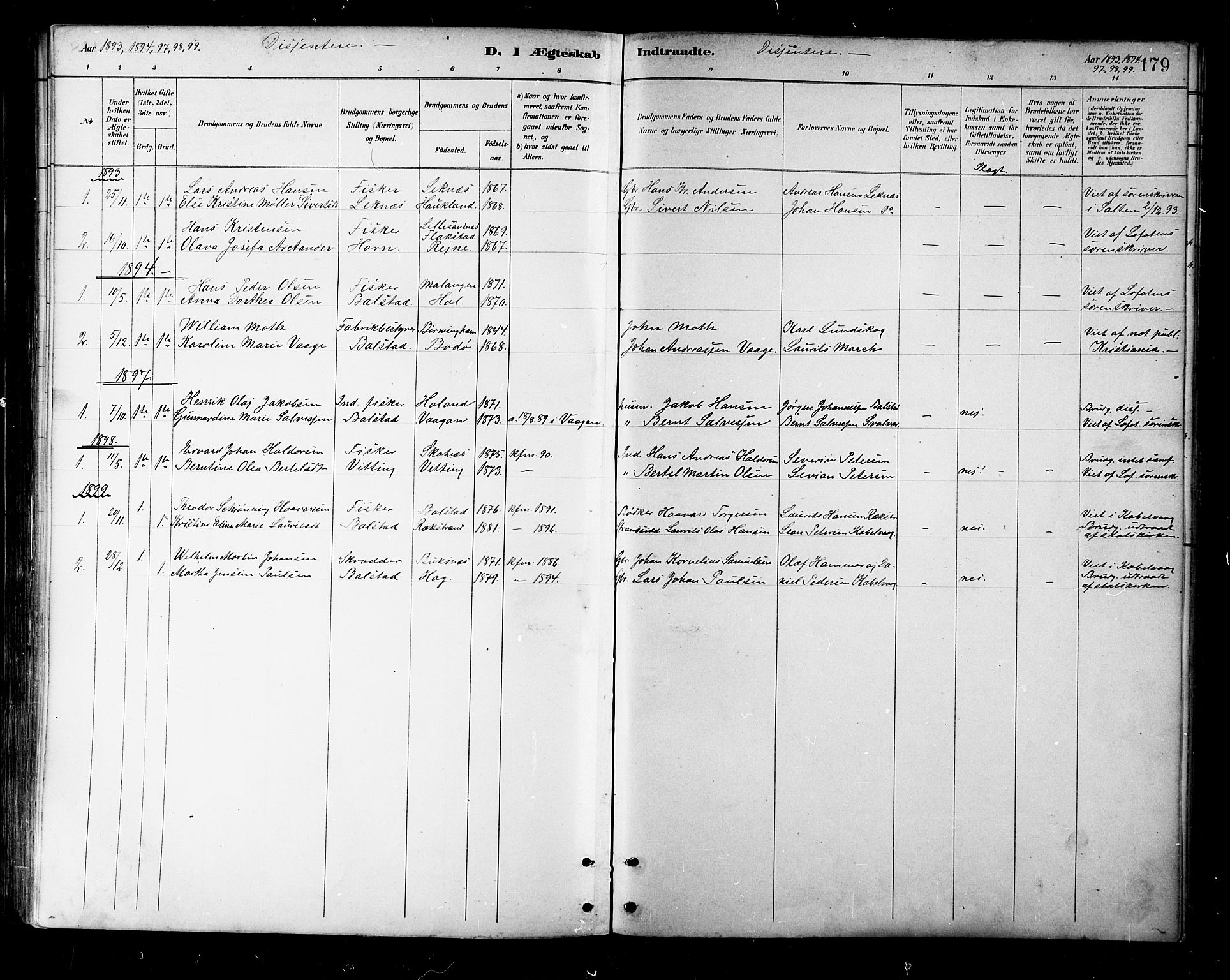 Ministerialprotokoller, klokkerbøker og fødselsregistre - Nordland, SAT/A-1459/881/L1167: Parish register (copy) no. 881C04, 1886-1899, p. 179