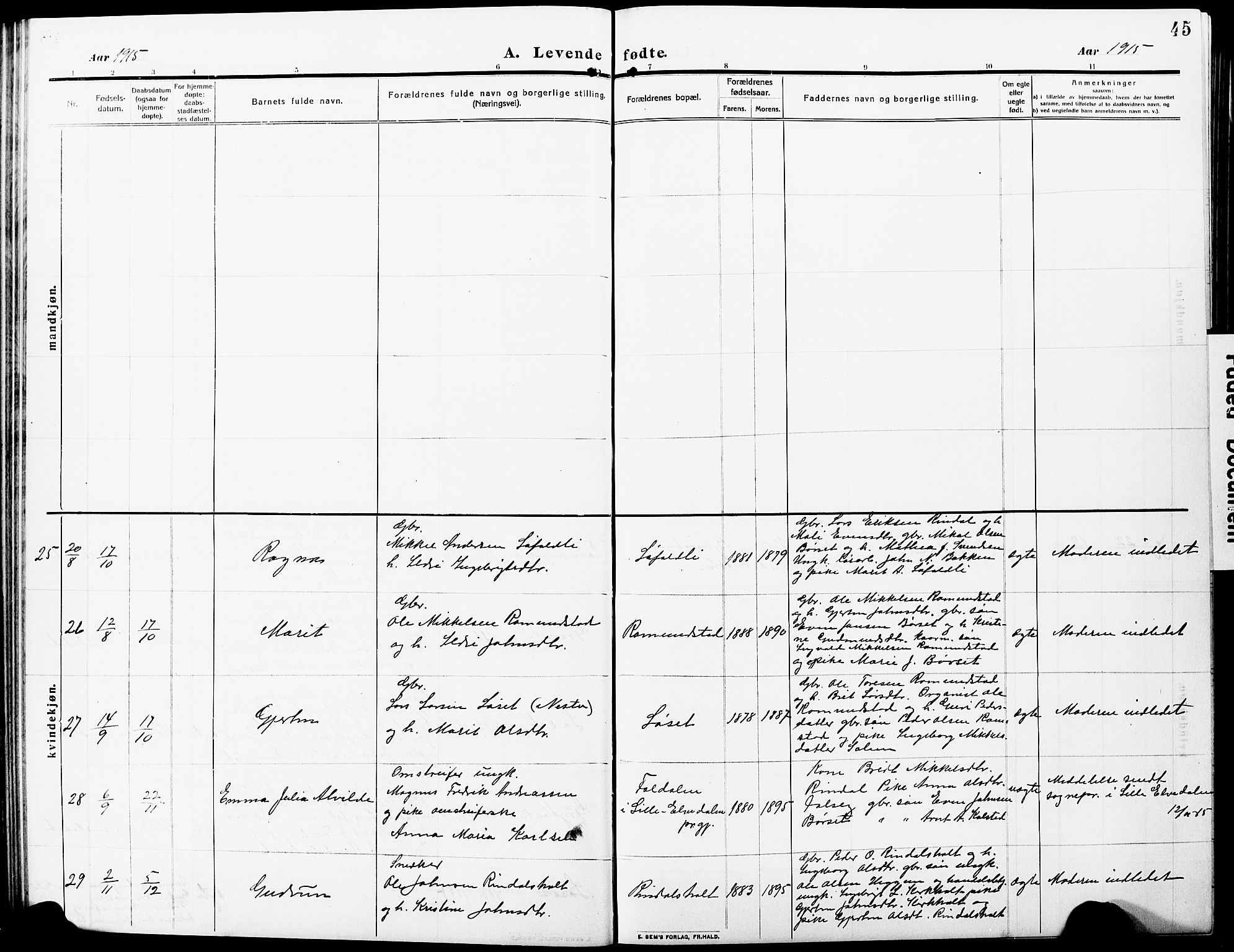 Ministerialprotokoller, klokkerbøker og fødselsregistre - Møre og Romsdal, AV/SAT-A-1454/598/L1079: Parish register (copy) no. 598C04, 1909-1927, p. 45