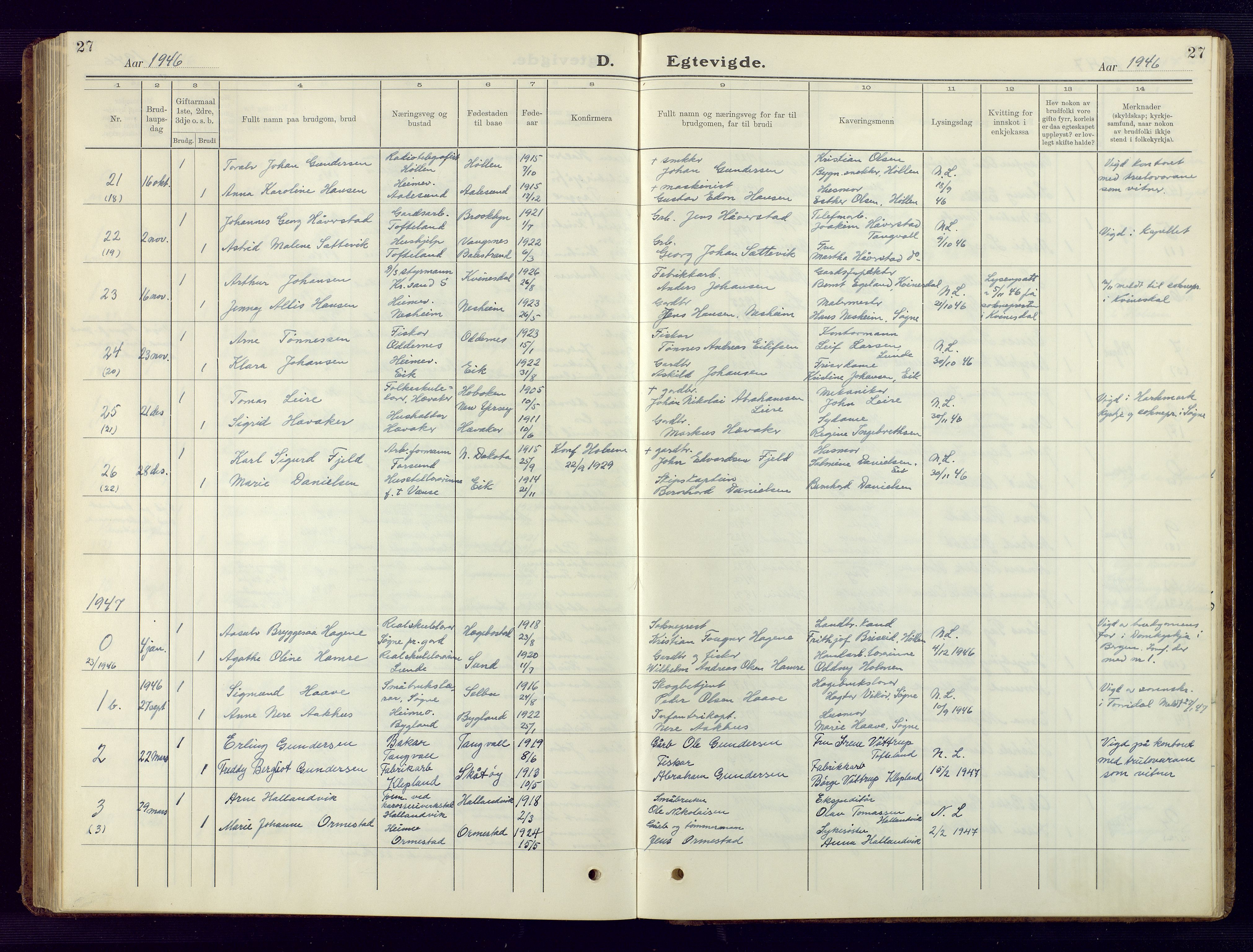 Søgne sokneprestkontor, SAK/1111-0037/F/Fb/Fbb/L0008: Parish register (copy) no. B 8, 1932-1949, p. 27