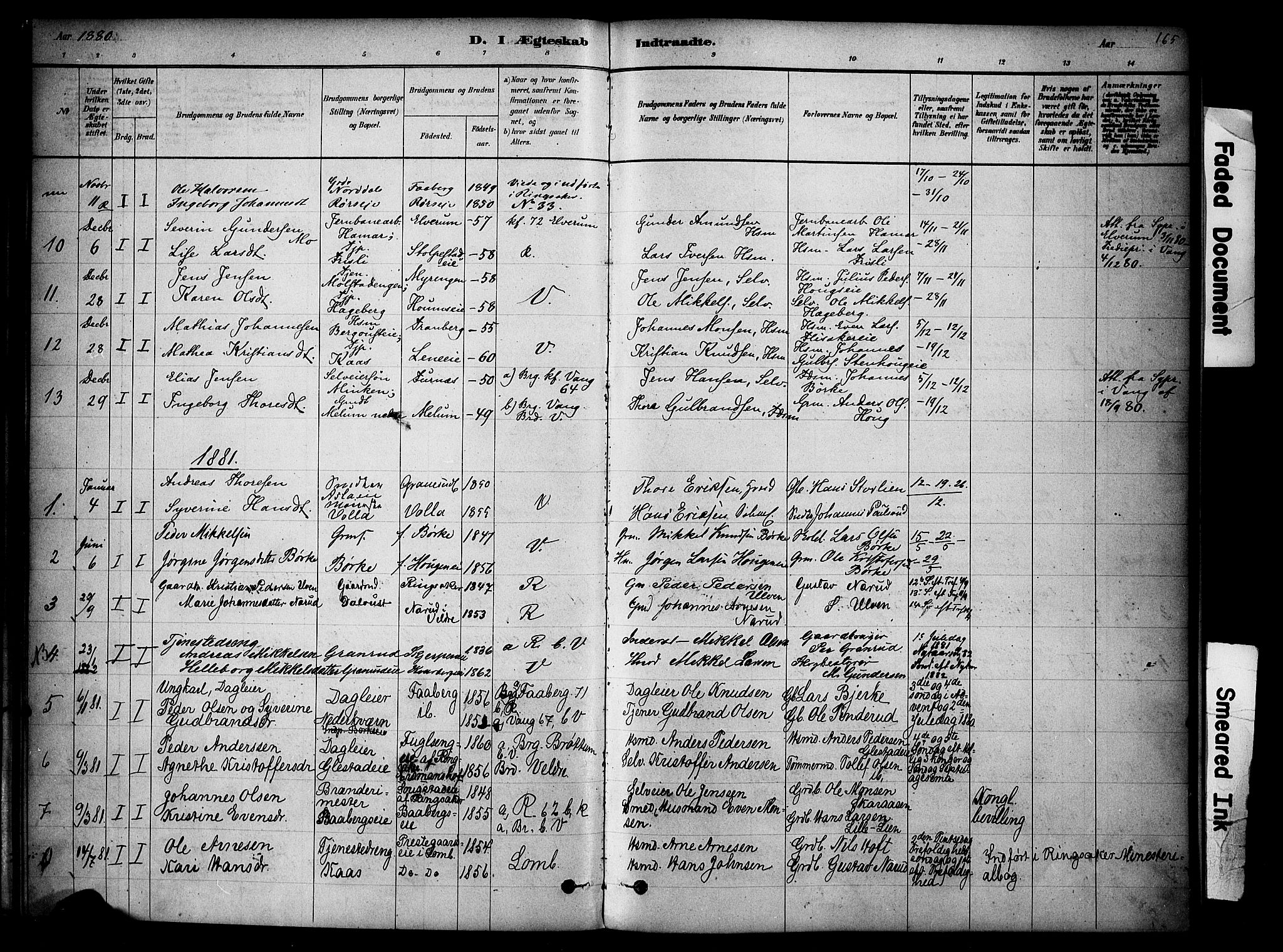 Ringsaker prestekontor, SAH/PREST-014/K/Ka/L0014: Parish register (official) no. 14, 1879-1890, p. 165