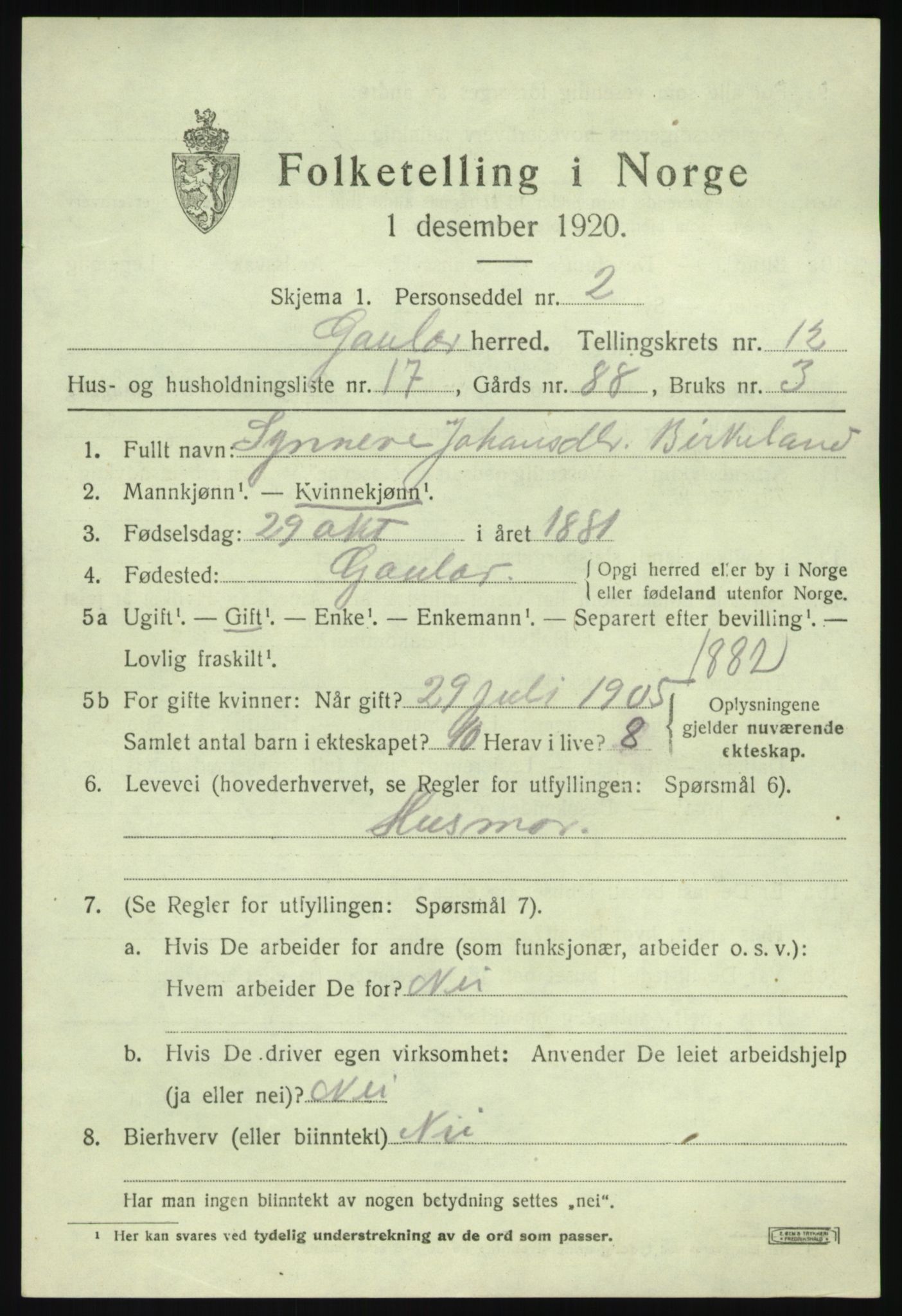 SAB, 1920 census for Gaular, 1920, p. 5808
