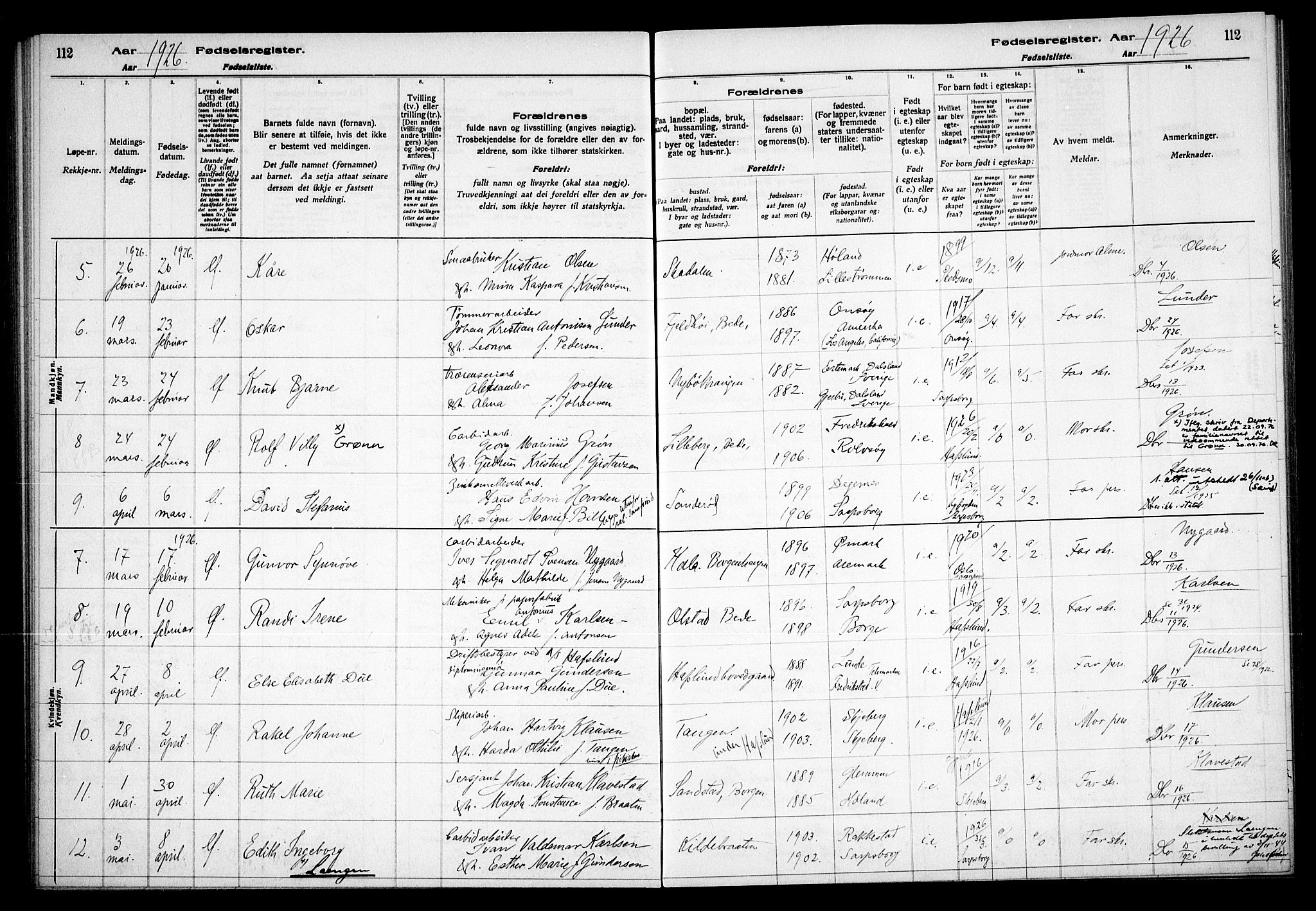 Skjeberg prestekontor Kirkebøker, AV/SAO-A-10923/J/Jd/L0001: Birth register no. IV 1, 1916-1935, p. 112