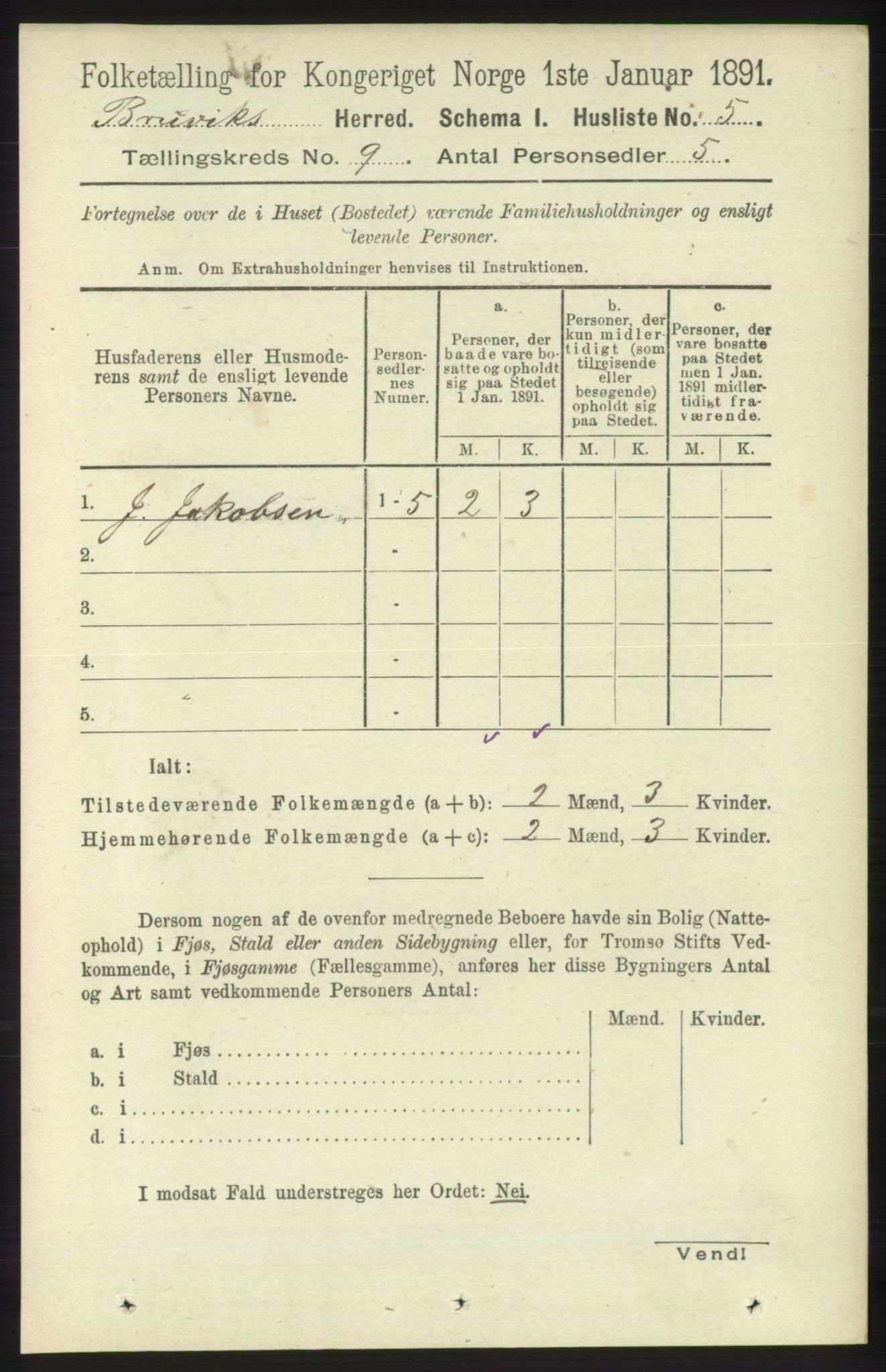 RA, 1891 census for 1251 Bruvik, 1891, p. 3215