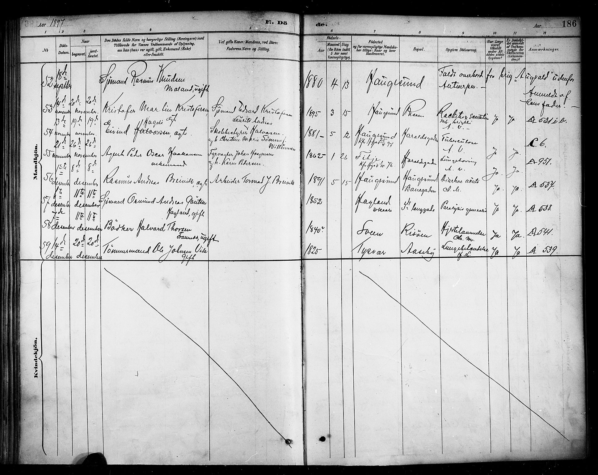 Haugesund sokneprestkontor, SAST/A -101863/H/Ha/Haa/L0005: Parish register (official) no. A 5, 1891-1903, p. 186