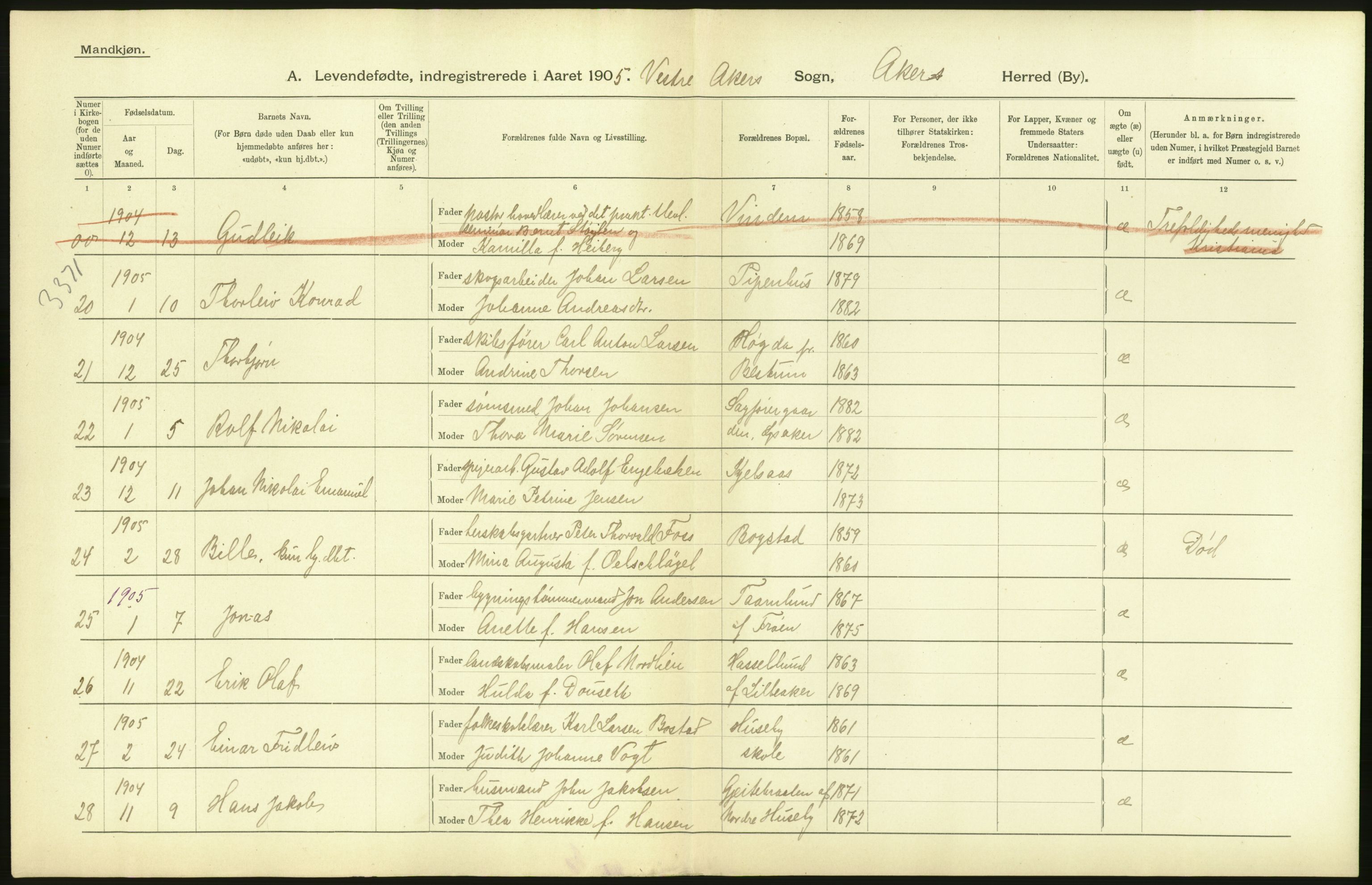 Statistisk sentralbyrå, Sosiodemografiske emner, Befolkning, RA/S-2228/D/Df/Dfa/Dfac/L0004: Akershus amt: Fødte. Bygder., 1905, p. 34