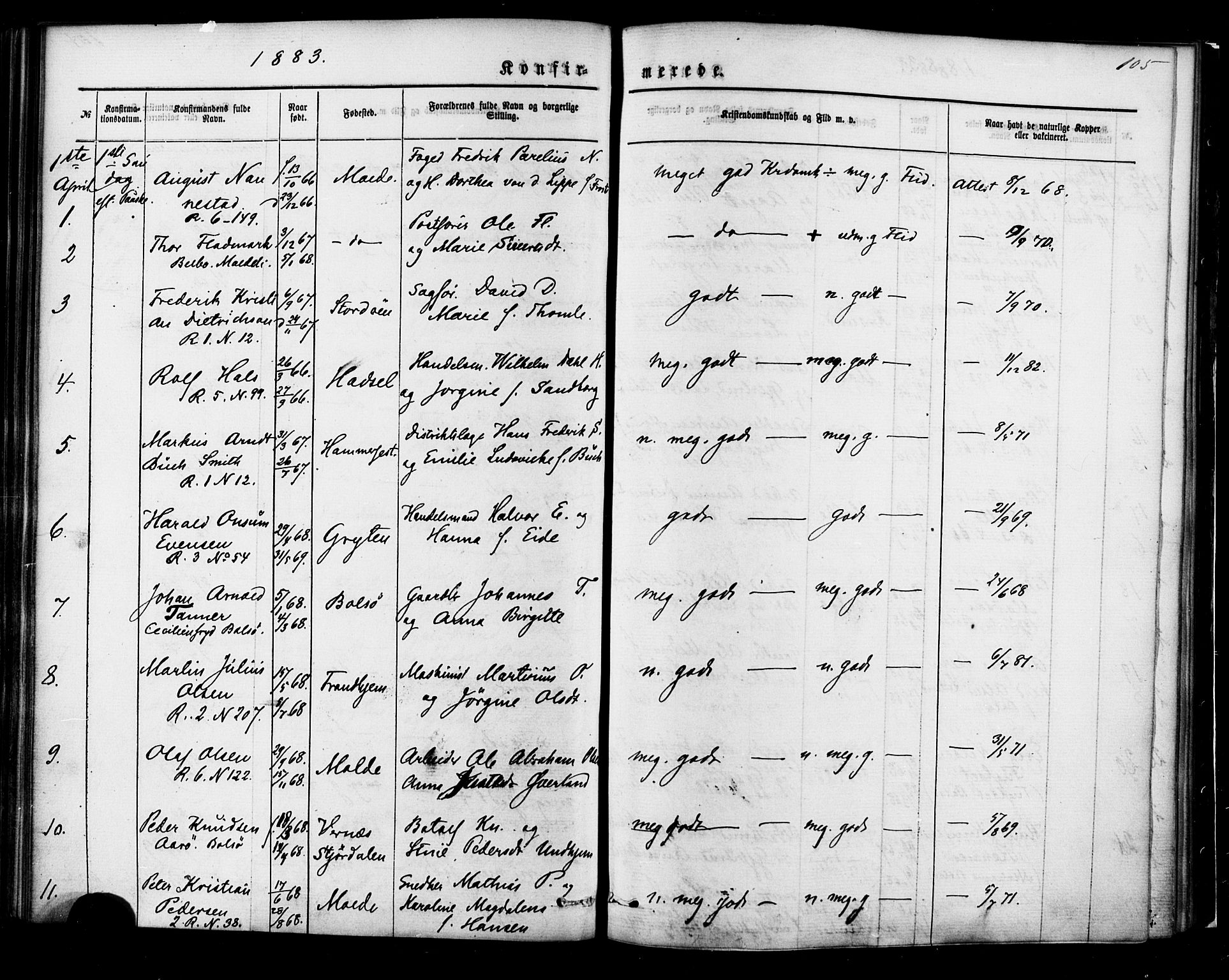 Ministerialprotokoller, klokkerbøker og fødselsregistre - Møre og Romsdal, SAT/A-1454/558/L0691: Parish register (official) no. 558A05, 1873-1886, p. 105