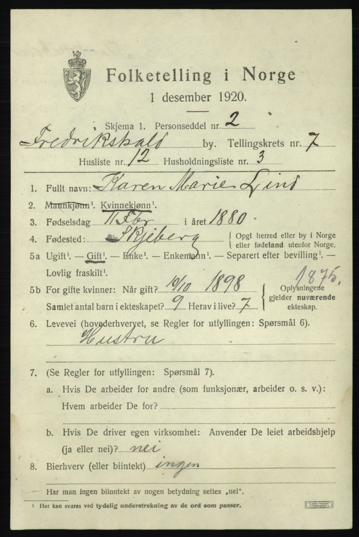 SAO, 1920 census for Fredrikshald, 1920, p. 14054