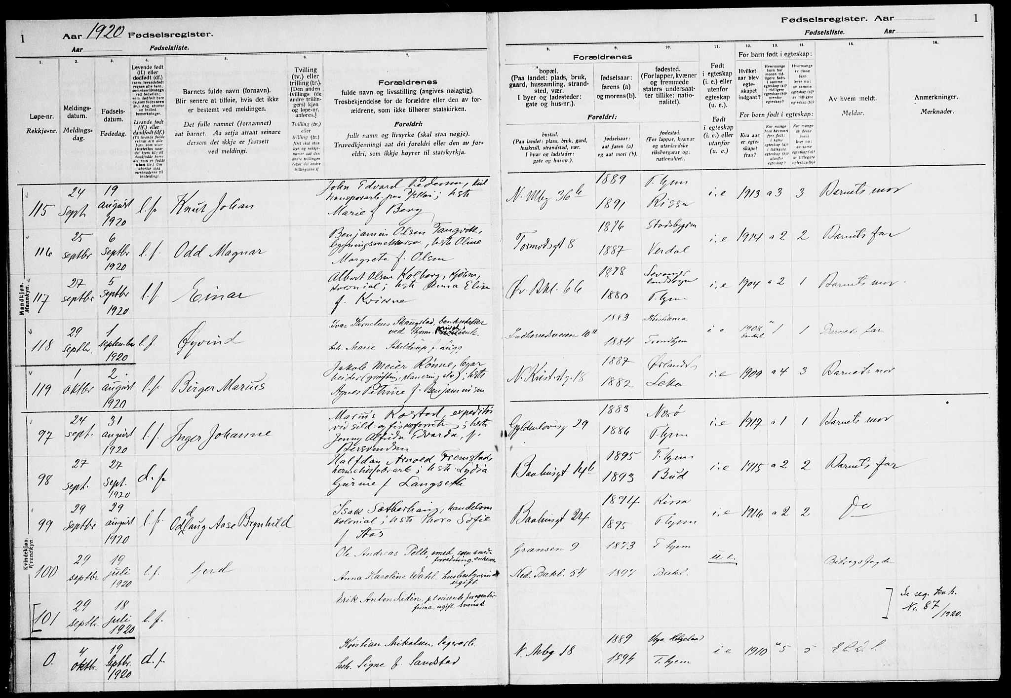 Ministerialprotokoller, klokkerbøker og fødselsregistre - Sør-Trøndelag, SAT/A-1456/604/L0233: Birth register no. 604.II.4.2, 1920-1928, p. 1