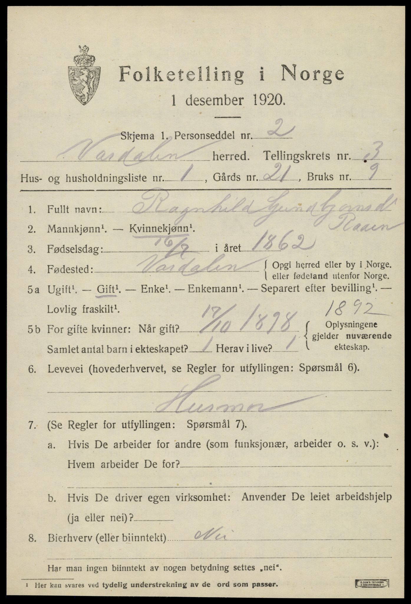 SAT, 1920 census for Verdal, 1920, p. 6701