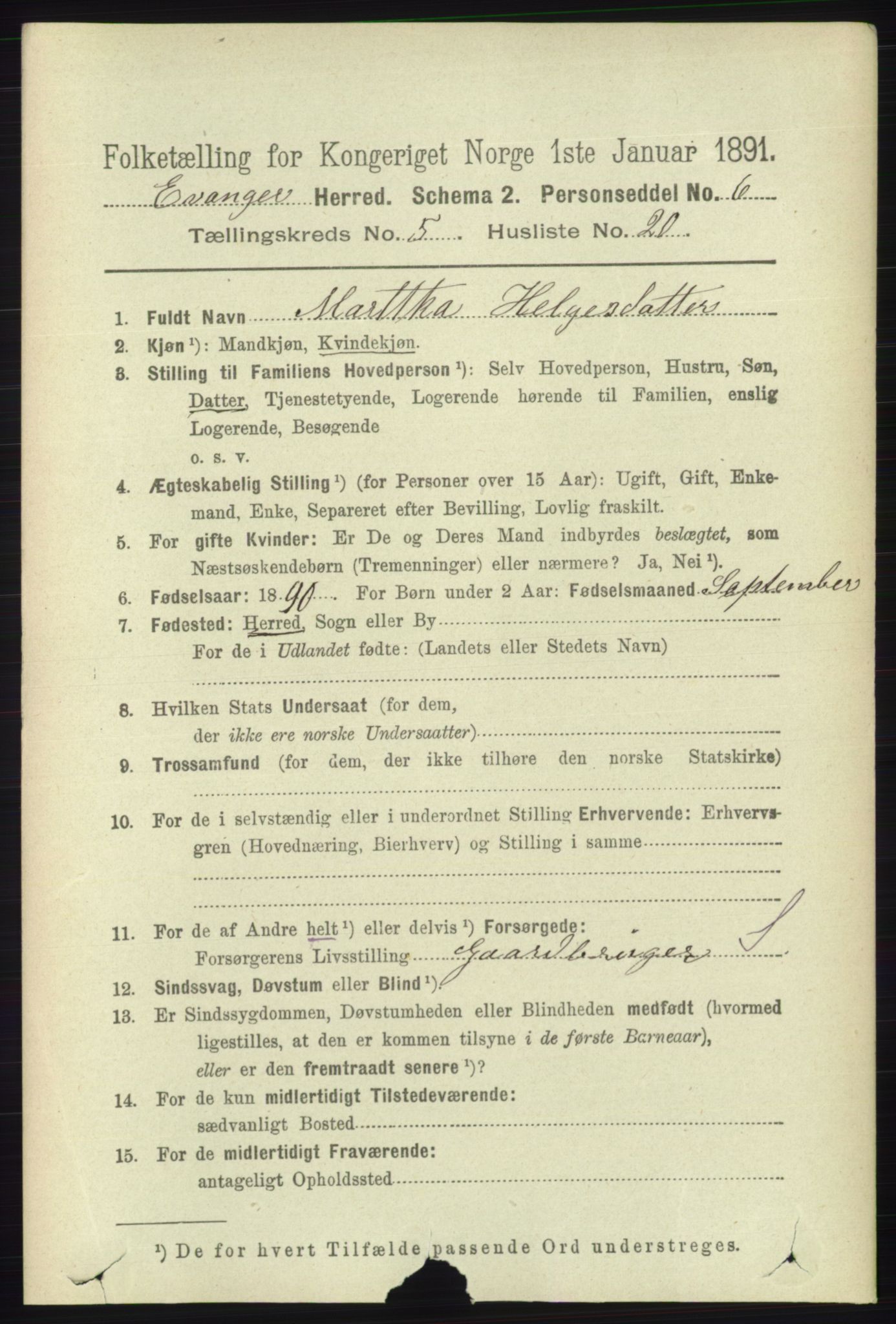 RA, 1891 census for 1237 Evanger, 1891, p. 1515