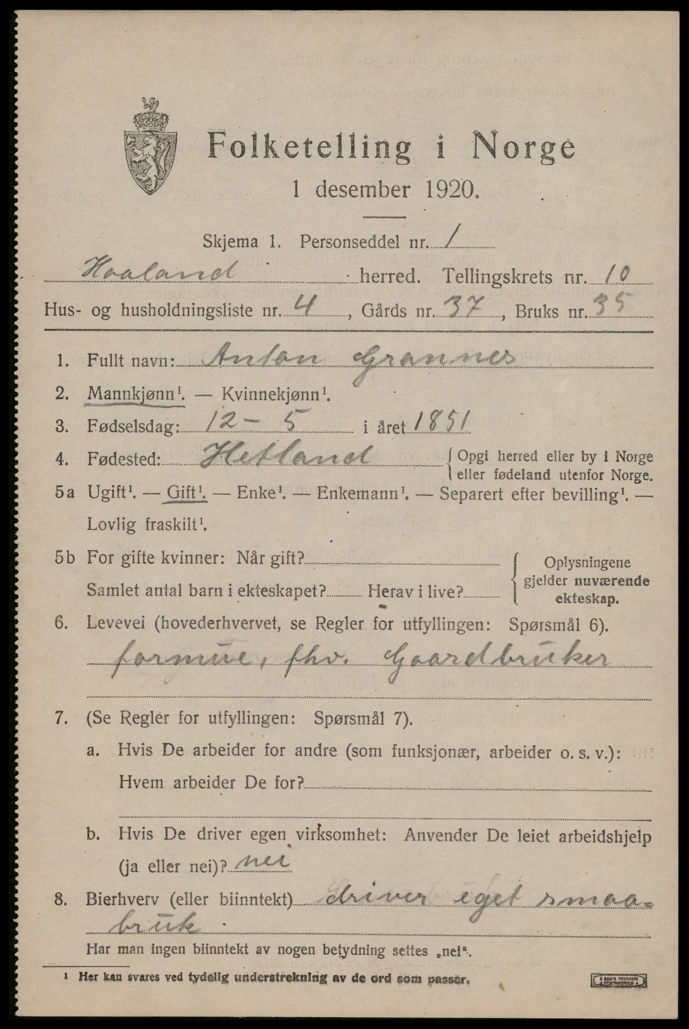 SAST, 1920 census for Håland, 1920, p. 7515