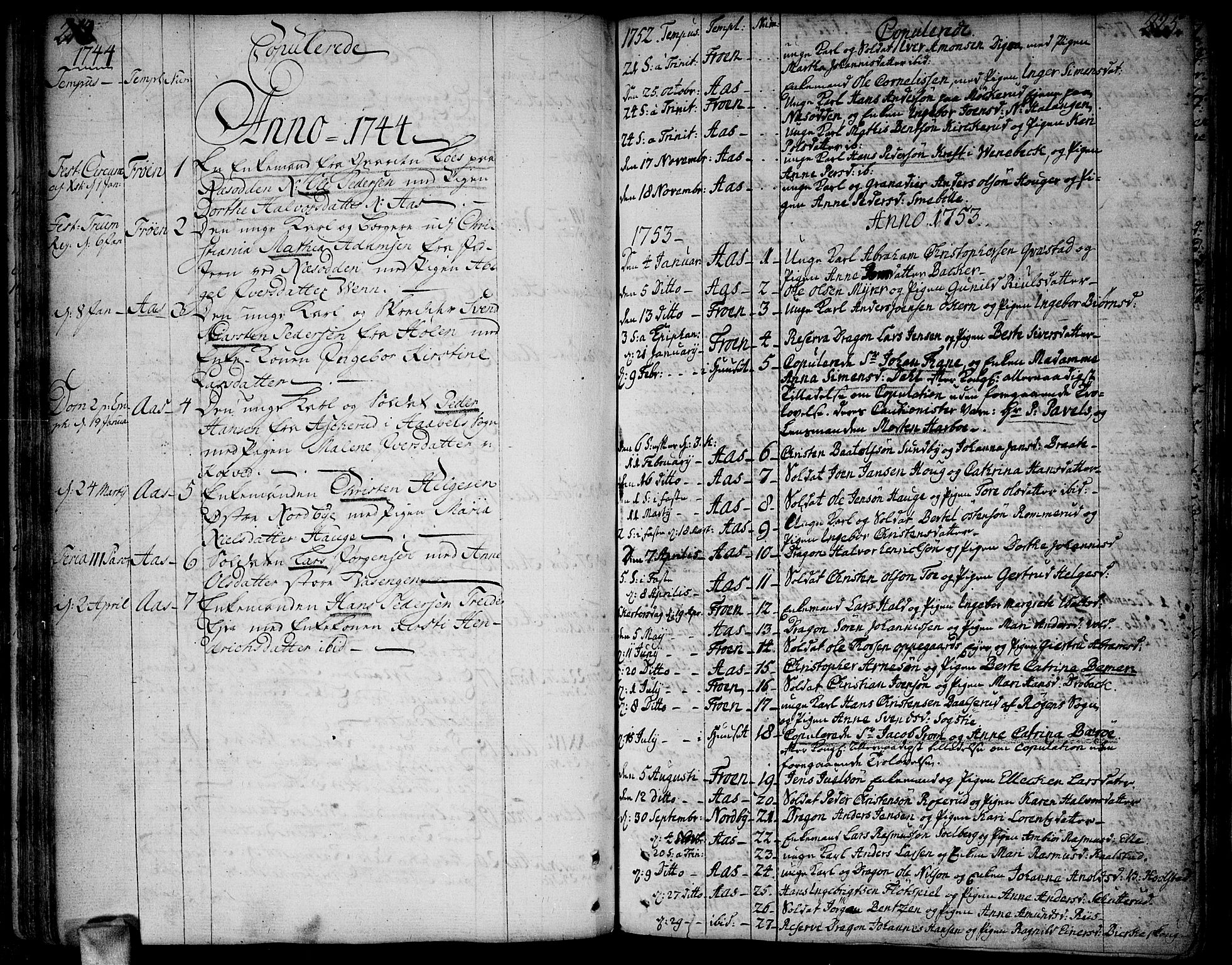 Ås prestekontor Kirkebøker, AV/SAO-A-10894/F/Fa/L0001: Parish register (official) no. I 1, 1742-1778, p. 212-225