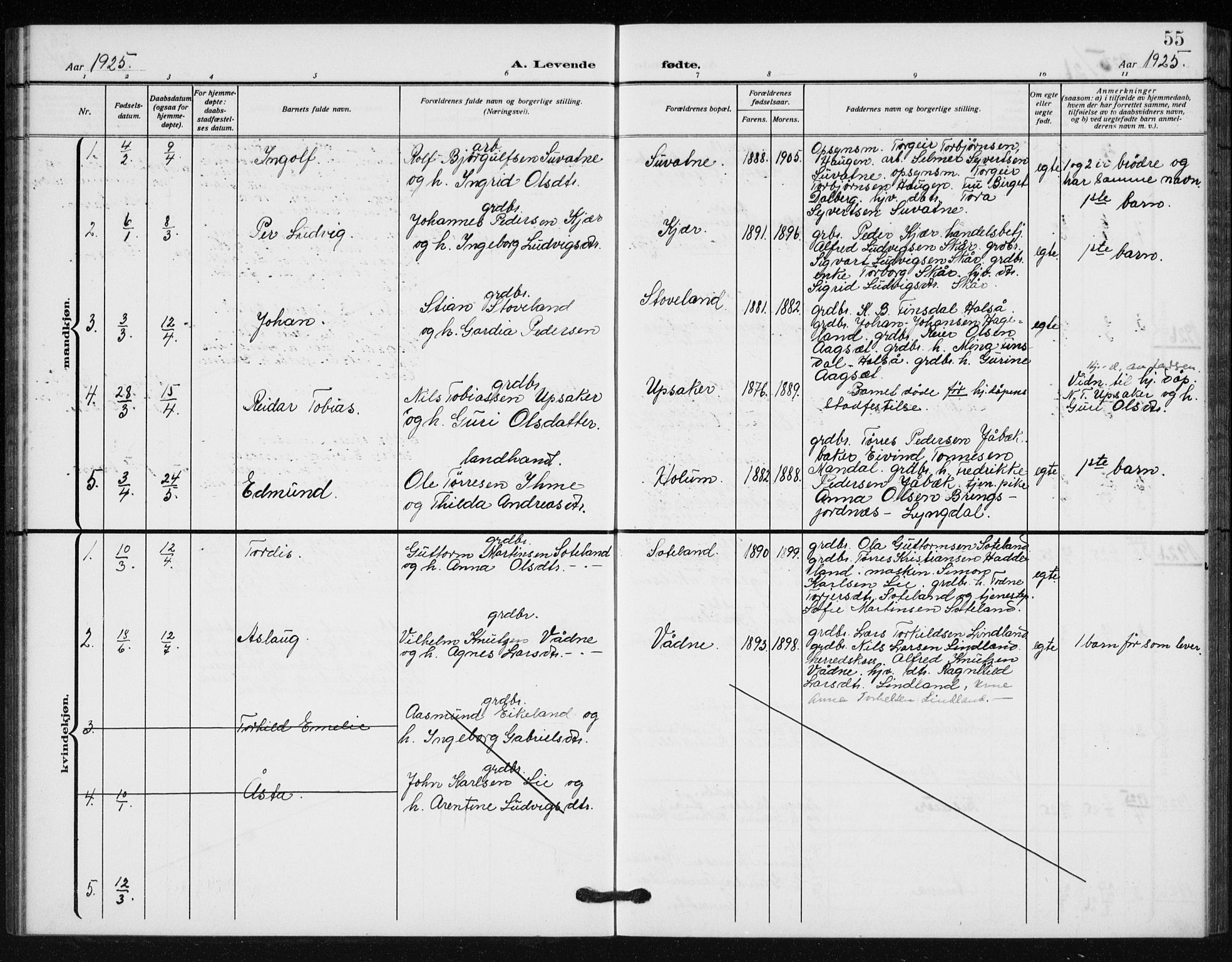 Holum sokneprestkontor, SAK/1111-0022/F/Fb/Fba/L0006: Parish register (copy) no. B 6, 1910-1936, p. 55