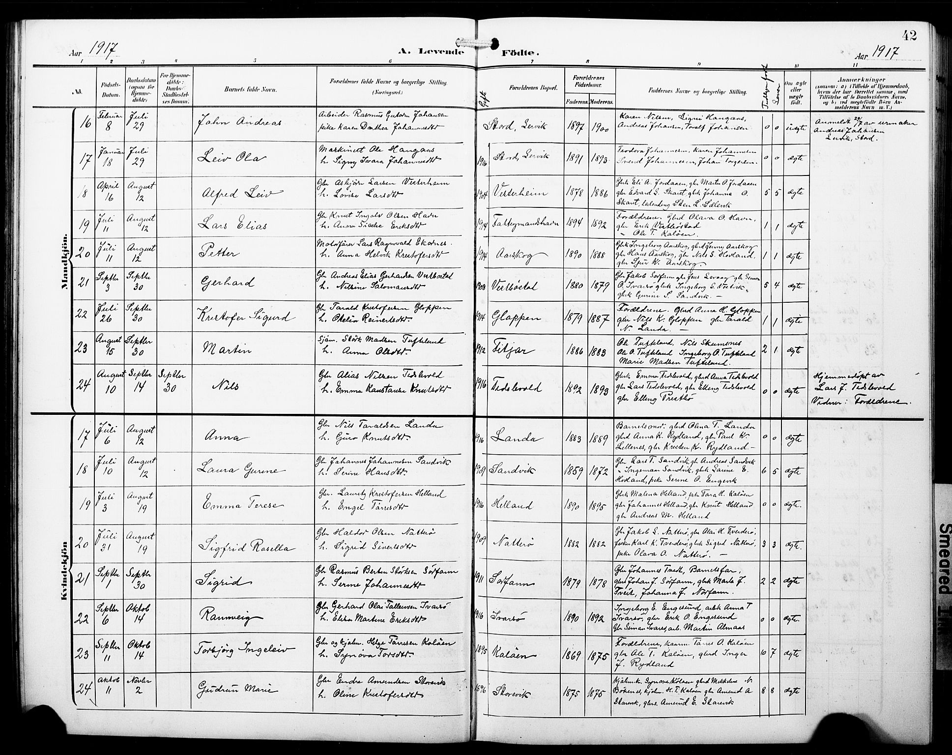 Fitjar sokneprestembete, SAB/A-99926: Parish register (copy) no. B 1, 1906-1928, p. 42