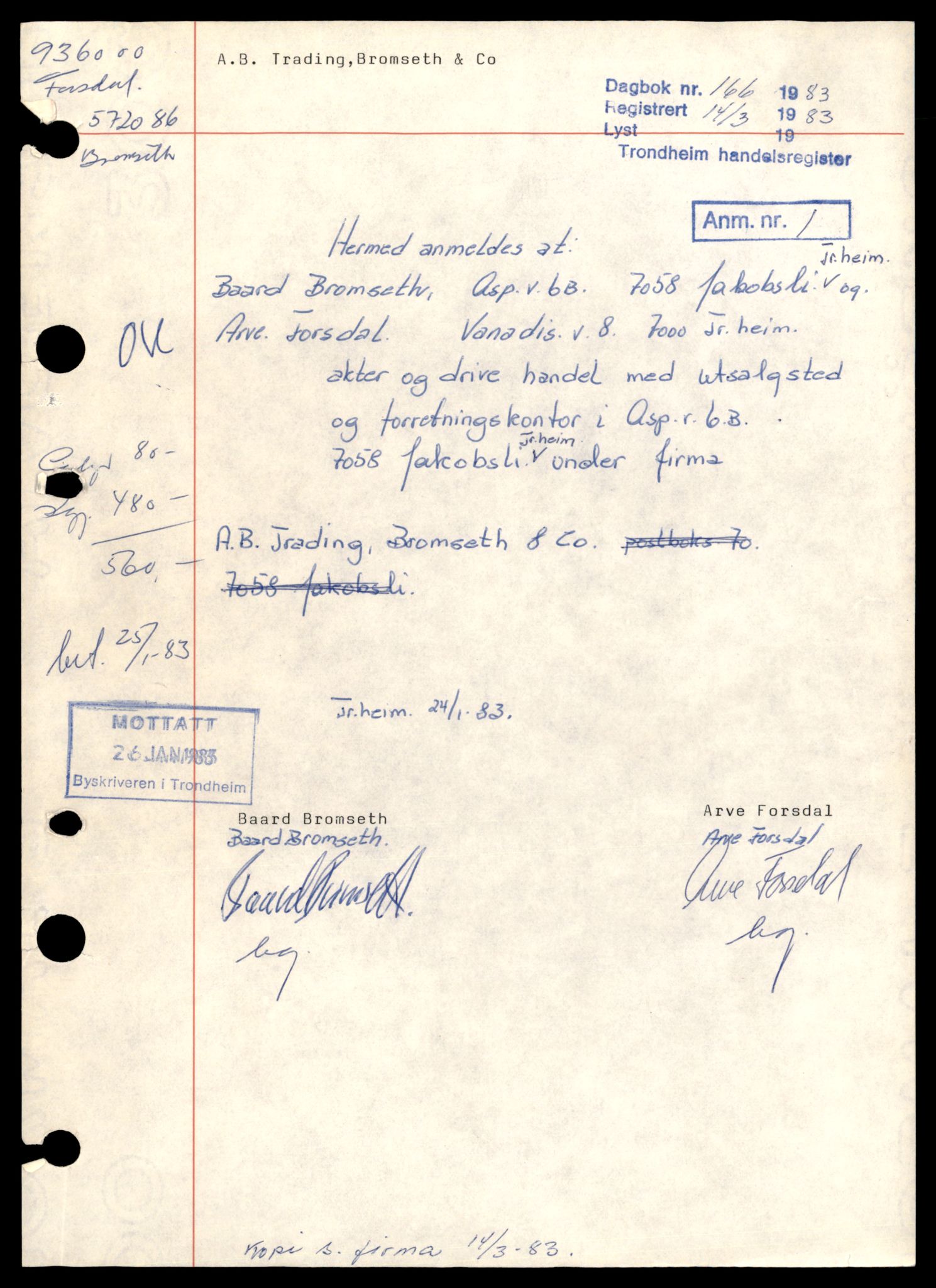 Trondheim byfogd, AV/SAT-A-0003/2/J/Jc/Jcd/L0001: Enkeltmannsforetak og ansvarlige selskap, A-G, 1944-1990, p. 3