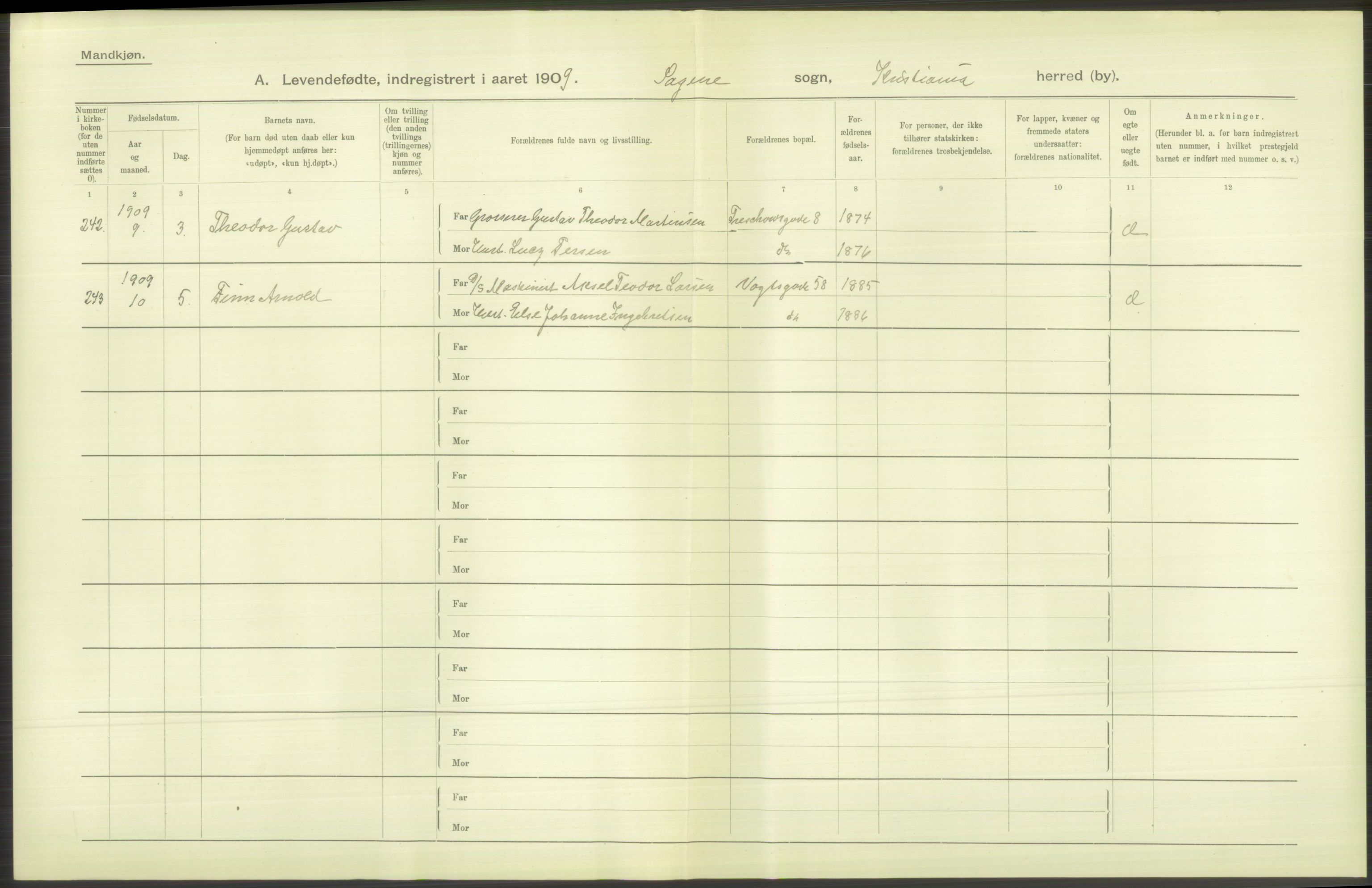 Statistisk sentralbyrå, Sosiodemografiske emner, Befolkning, AV/RA-S-2228/D/Df/Dfa/Dfag/L0007: Kristiania: Levendefødte menn og kvinner., 1909, p. 268