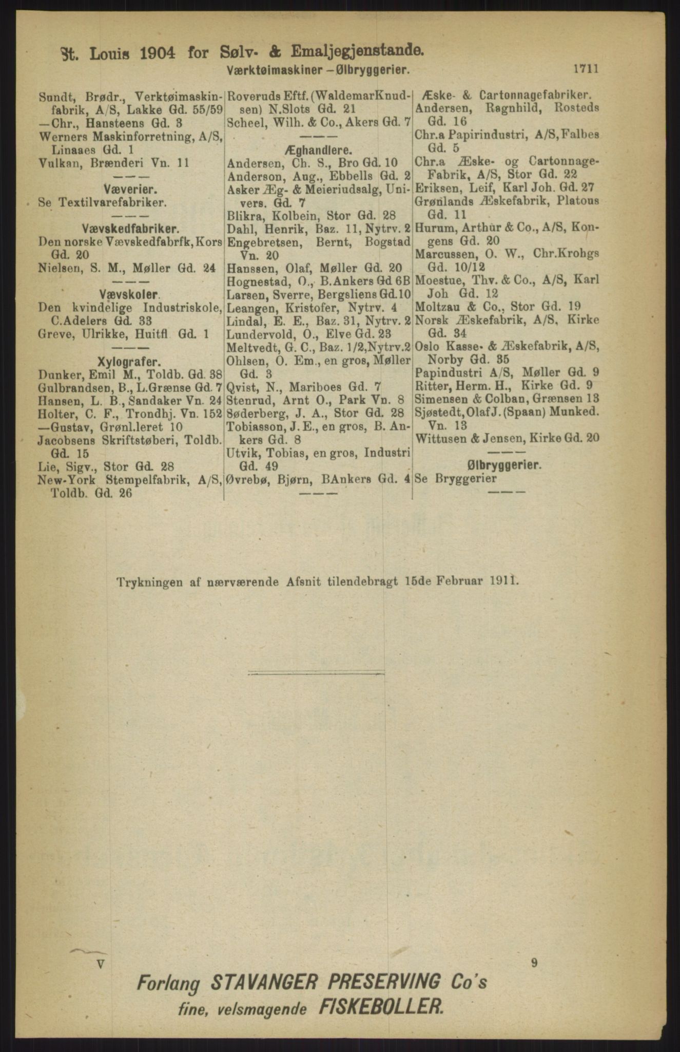 Kristiania/Oslo adressebok, PUBL/-, 1911, p. 1711