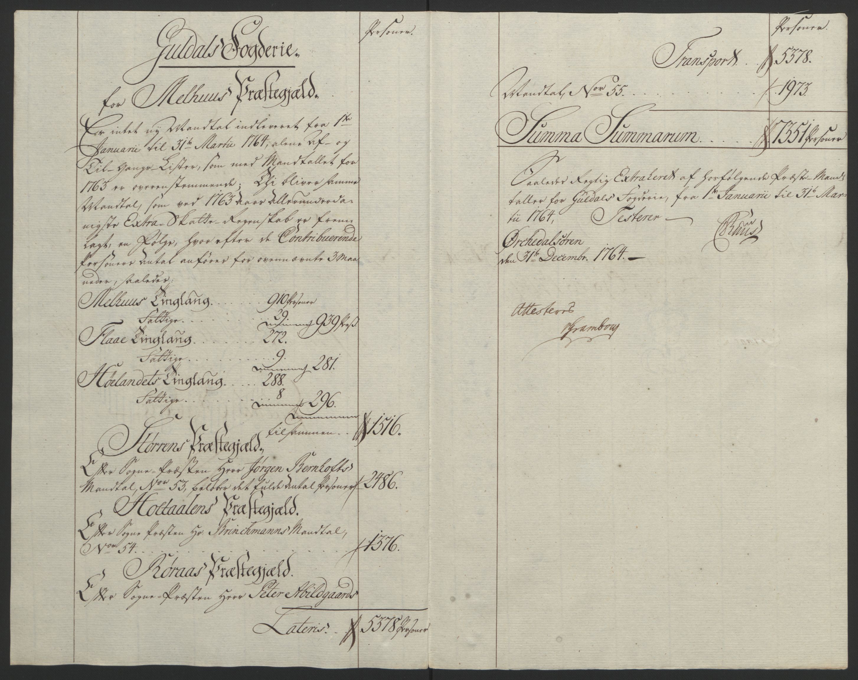 Rentekammeret inntil 1814, Reviderte regnskaper, Fogderegnskap, RA/EA-4092/R60/L4094: Ekstraskatten Orkdal og Gauldal, 1762-1765, p. 169